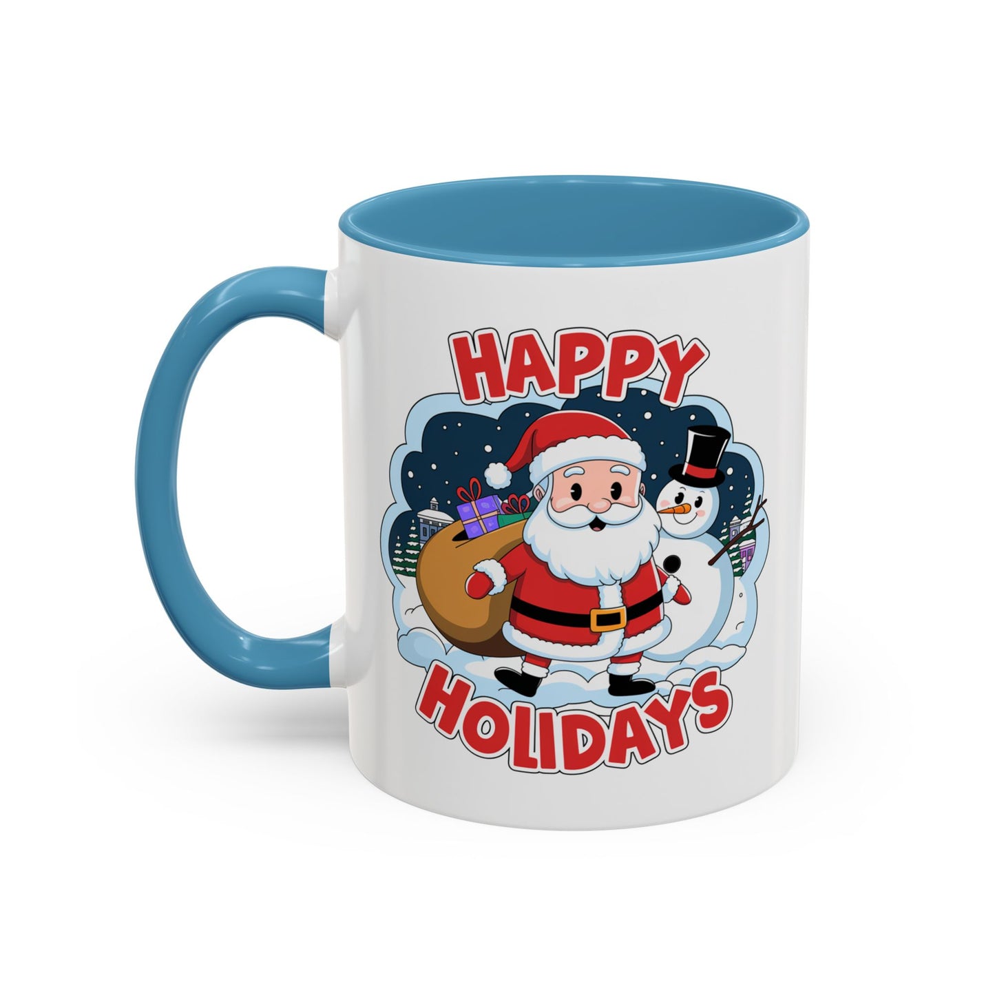 Christmas Mug - Happy Holidays Red & White Text Santa Snowman