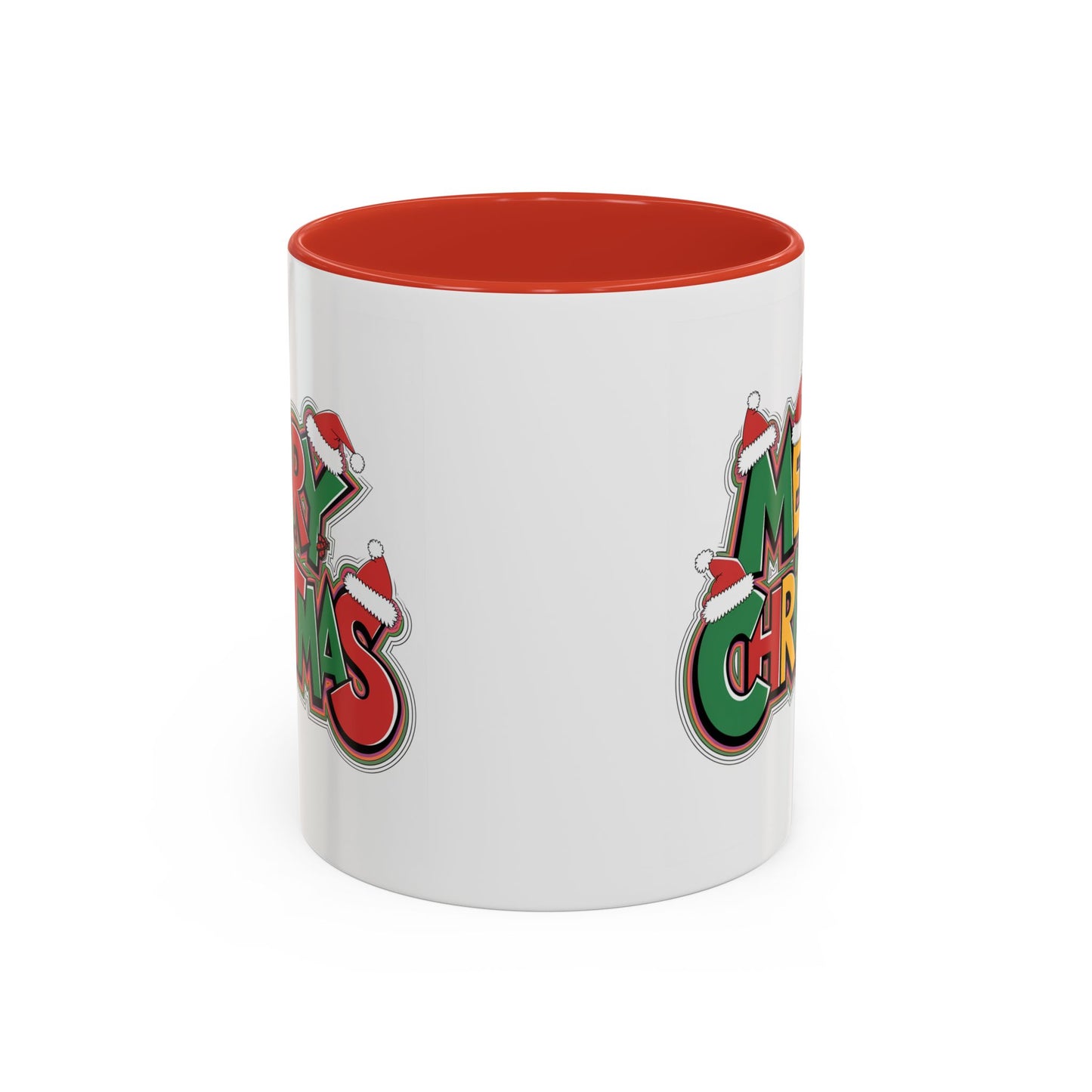 Christmas Mug - Merry Christmas Green Yellow & Red Text Hats