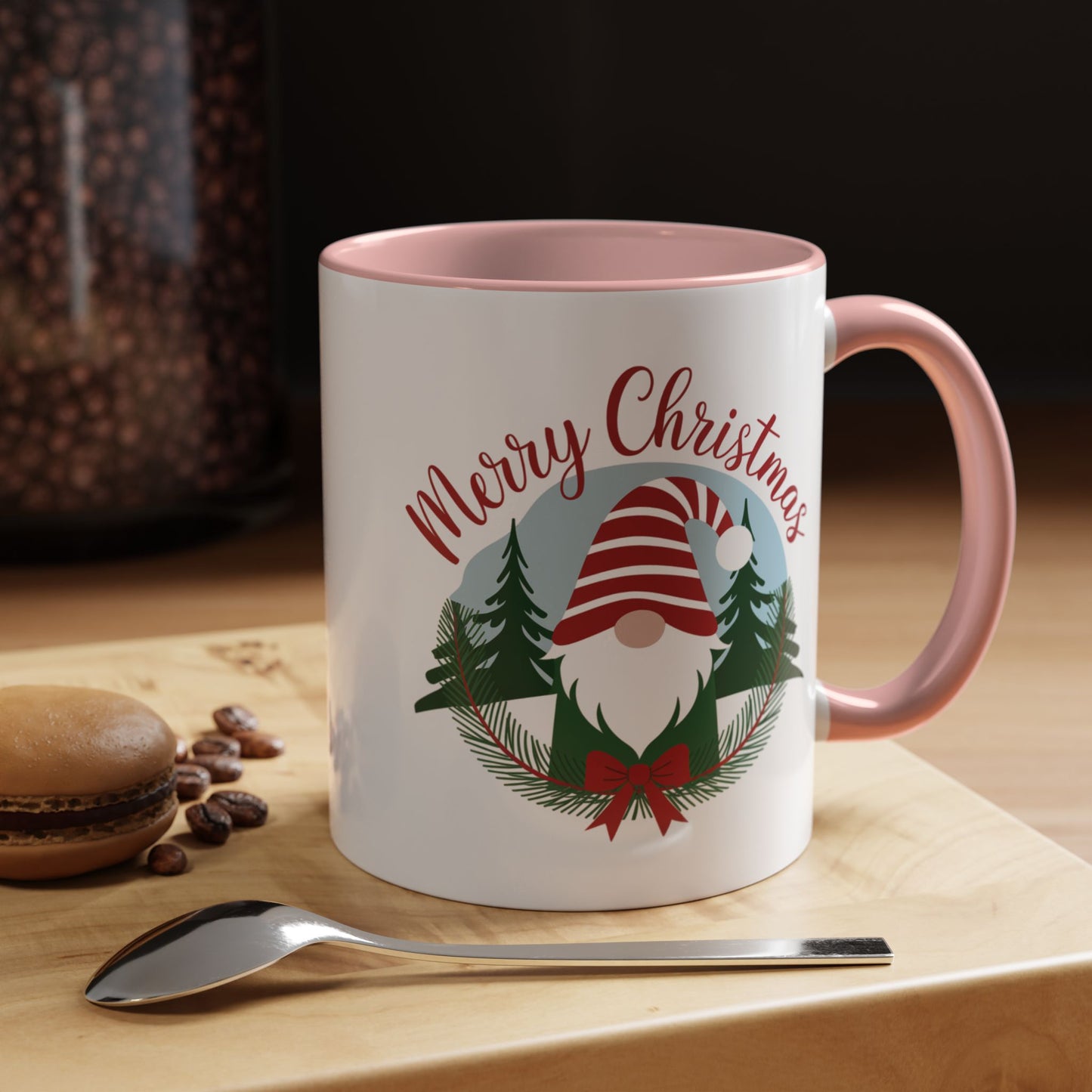 Christmas Mug - Merry Christmas Red Text Gnome Bow Tree