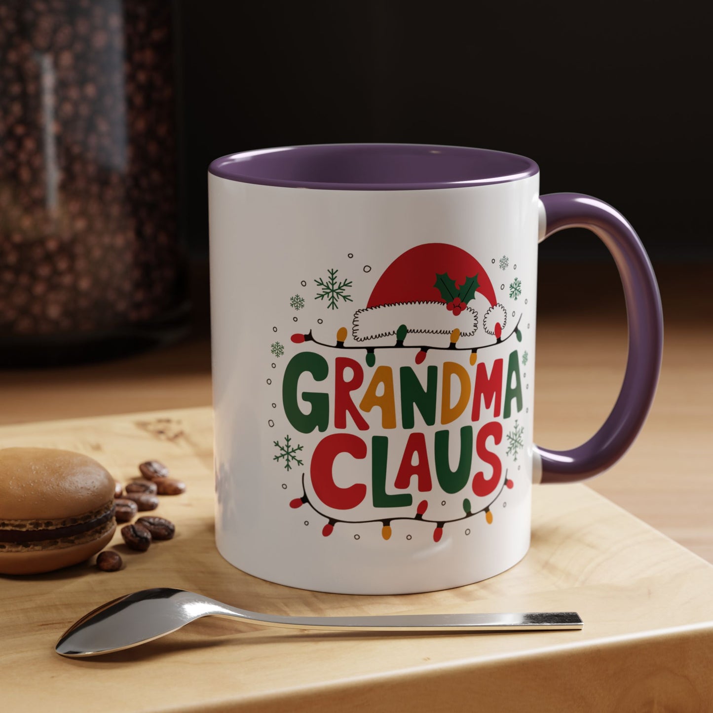 Christmas Mug - Grandma Claus Green Yellow & Red Text Hat Lights Stars