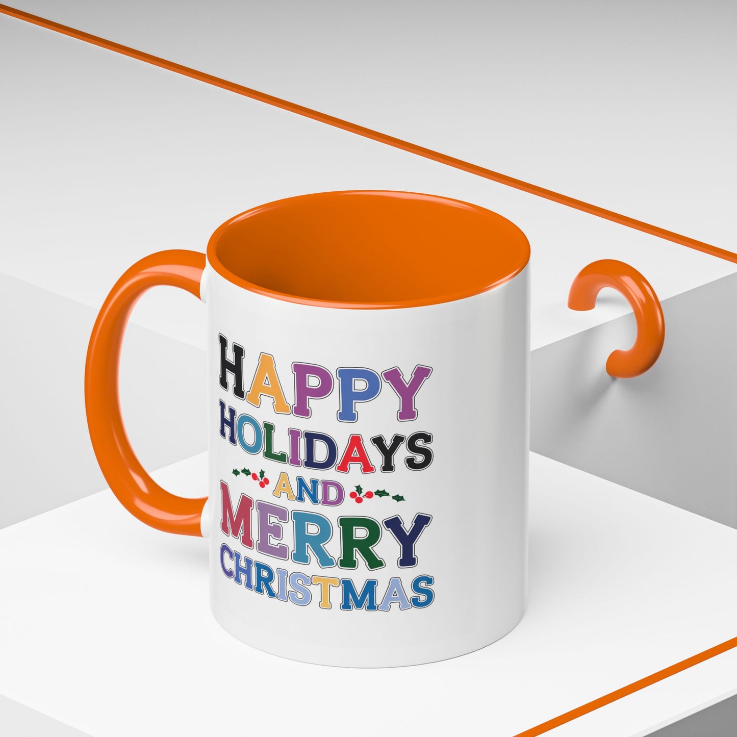 Christmas Mug - Happy Holidays and Merry Christmas Blue Yellow Purple Orange Red Text