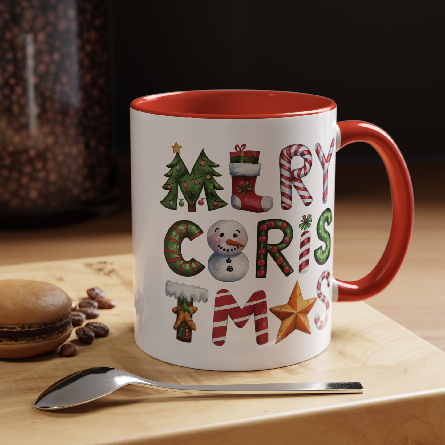 Christmas Mug - Merry Christmas Green Red & Gold Patterned Text