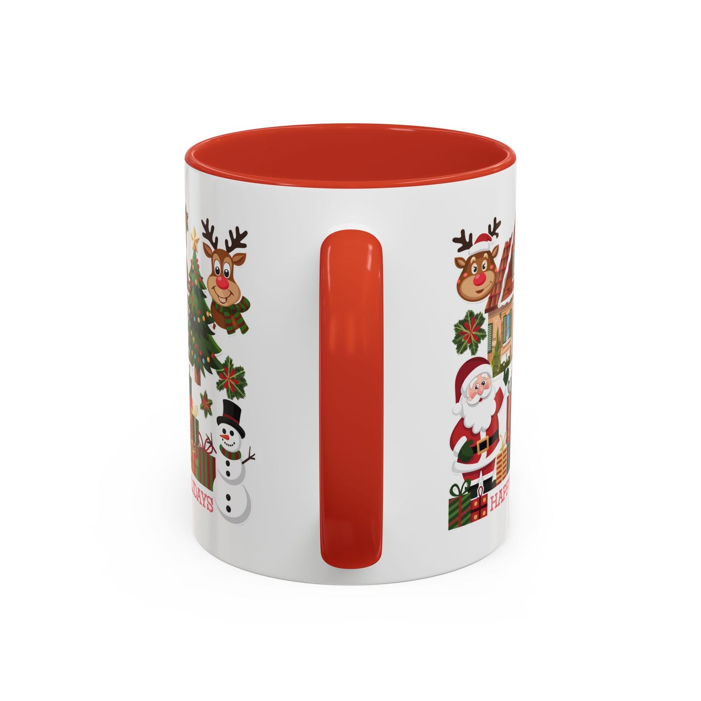 Christmas Mug - Happy Holidays Red Text Reindeer Santa Snowman Presents