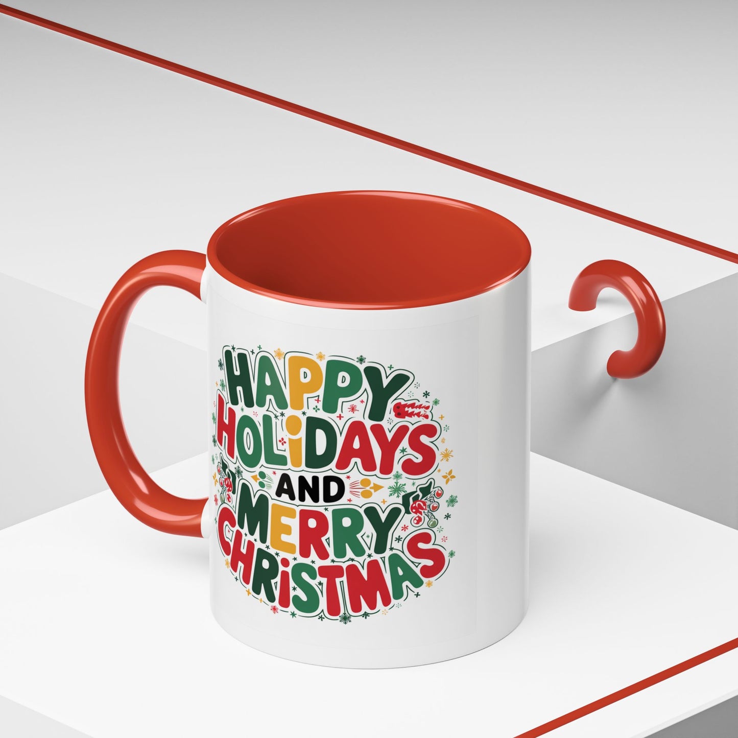 Christmas Mug - Happy Holidays and Merry Christmas Blue Green Yellow Red Text
