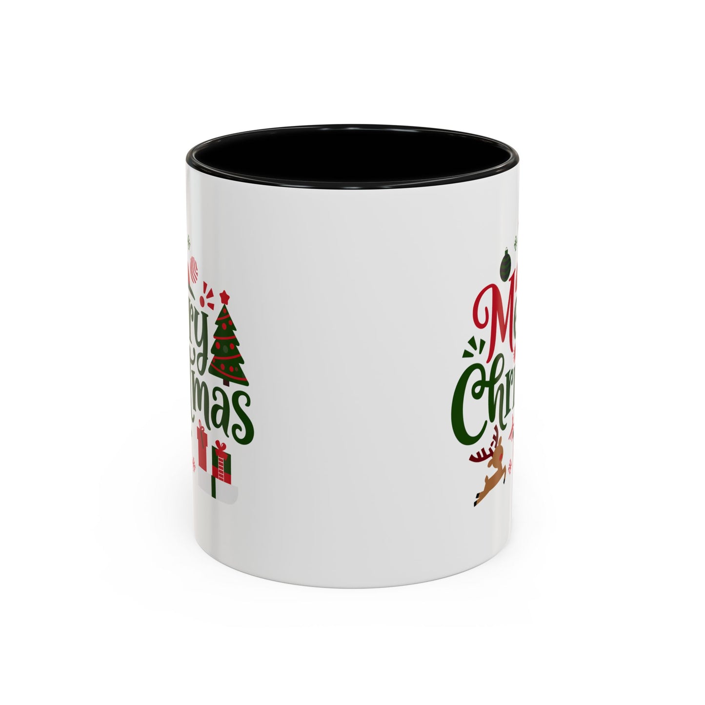 Christmas Mug - Merry Christmas Red & Green Text Santa Reindeer Tree Sleigh Ornaments