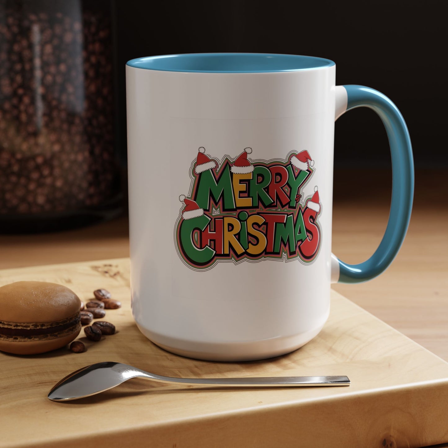 Christmas Mug - Merry Christmas Green Yellow & Red Text Hats