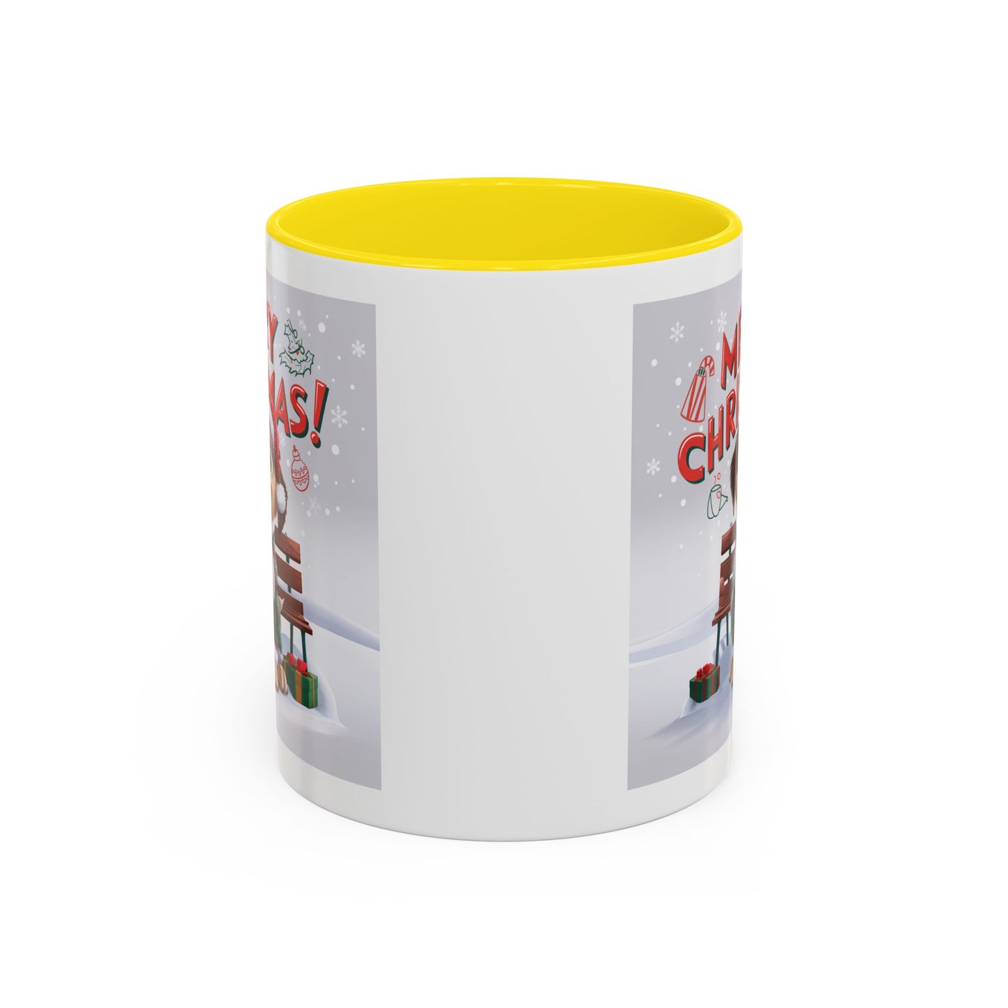 Christmas Mug - Merry Christmas Red Text Puppy Green Top