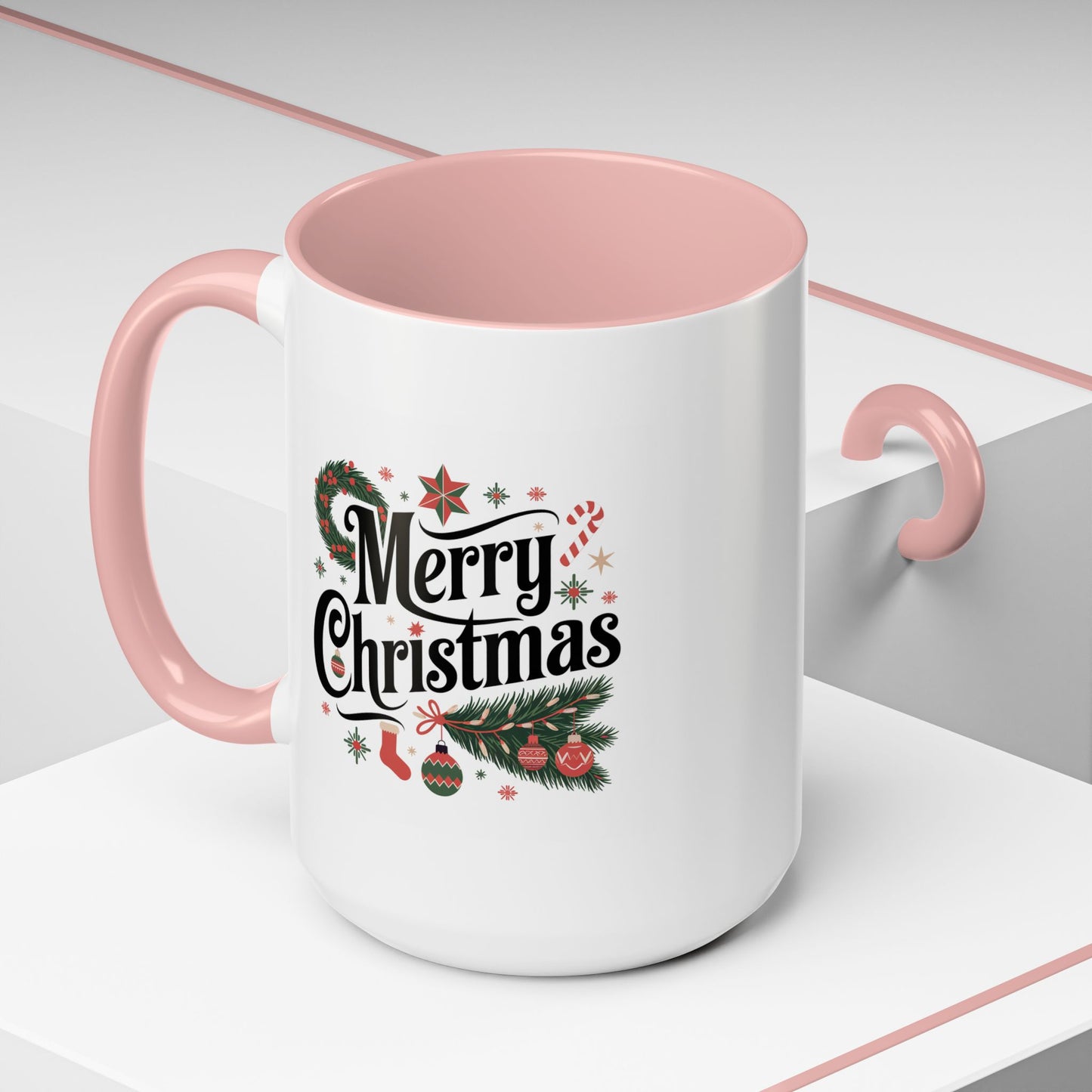 Christmas Mug - Merry Christmas Black Text Star Stocking Ornament Candy Cane