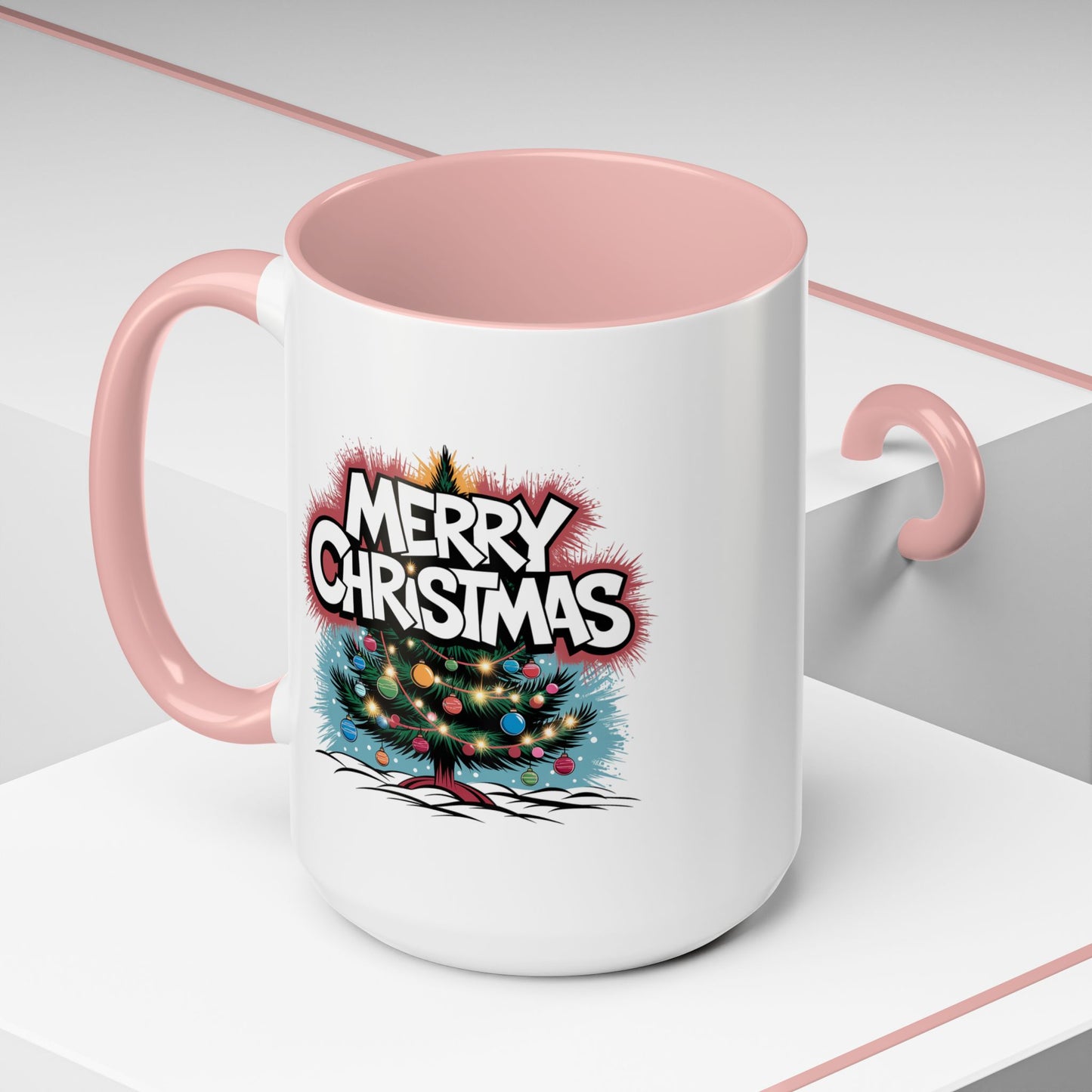 Christmas Mug - Merry Christmas White & Red Text Tree Lights