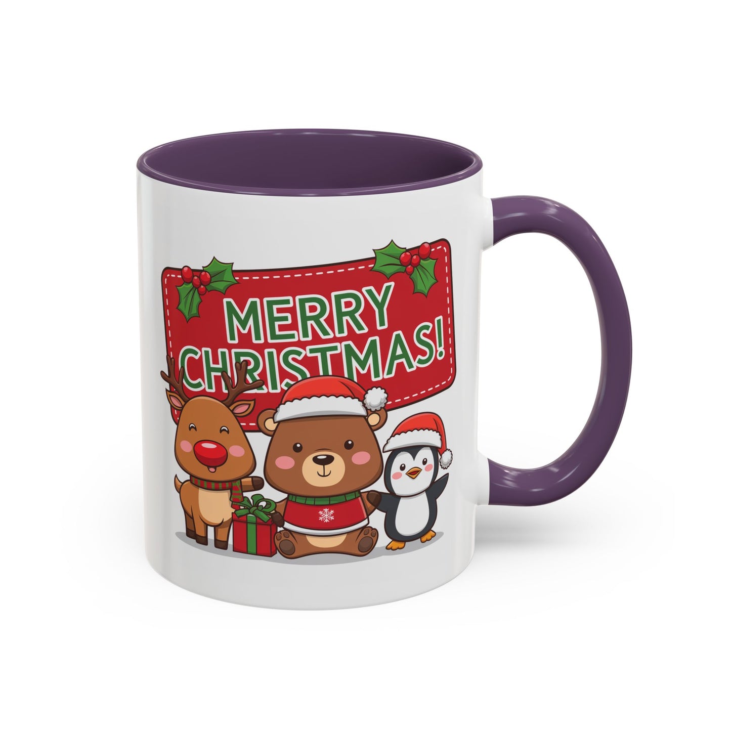 Christmas Mug - Green Text Red Banner Reindeer Bear Penguin