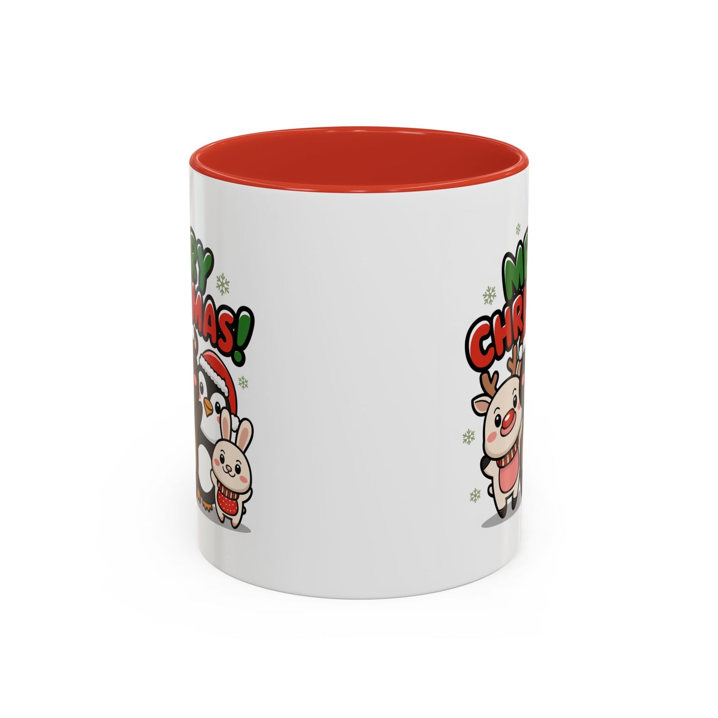 Christmas Mug - Merry Christmas Green & Red Text Cute Animals