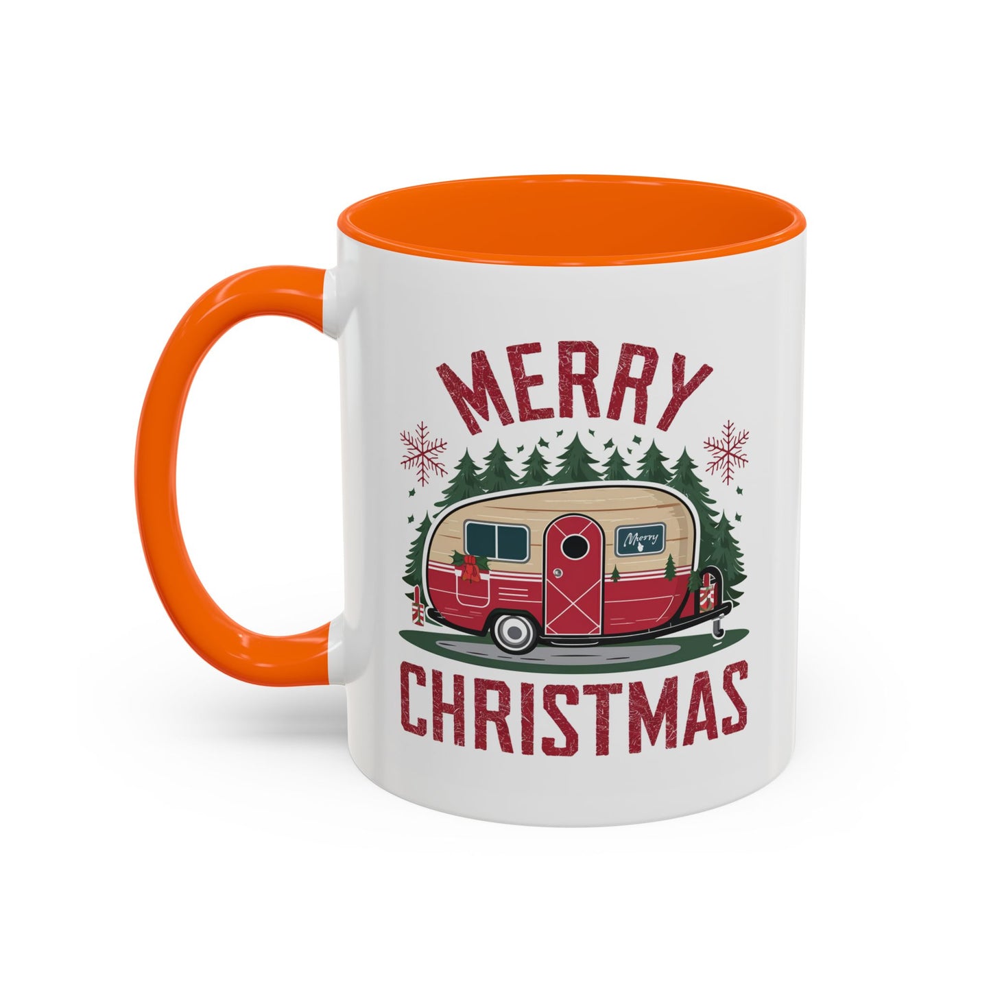 Christmas Mug - Merry Christmas Maroon Text Camper Trees Snowflakes