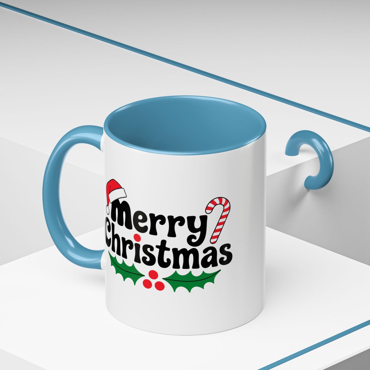 Christmas Mug - Merry Christmas Black Text Hat Candy Cane Mistletoe