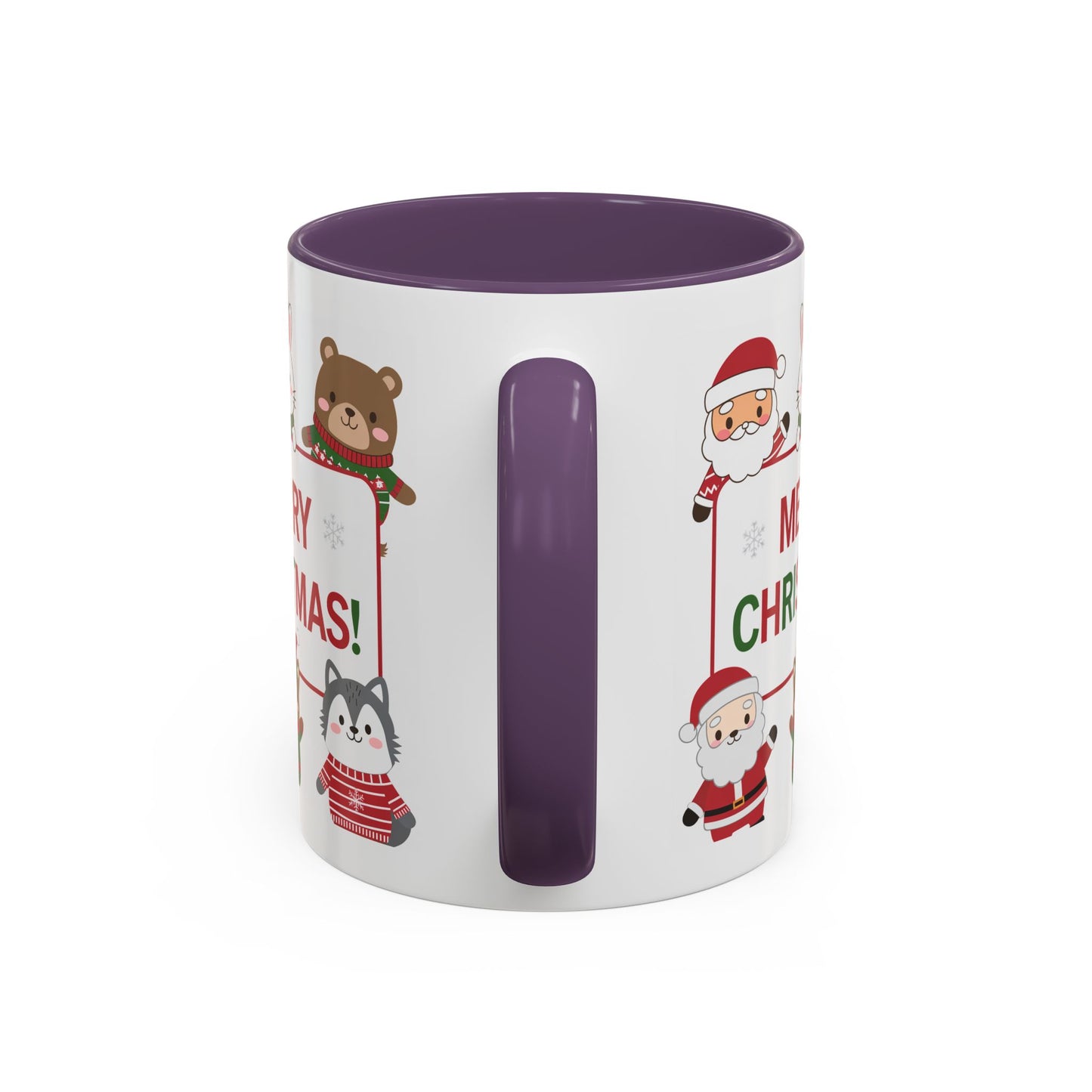 Christmas Mug - Merry Christmas Red & Green Text Santa Cute Animals