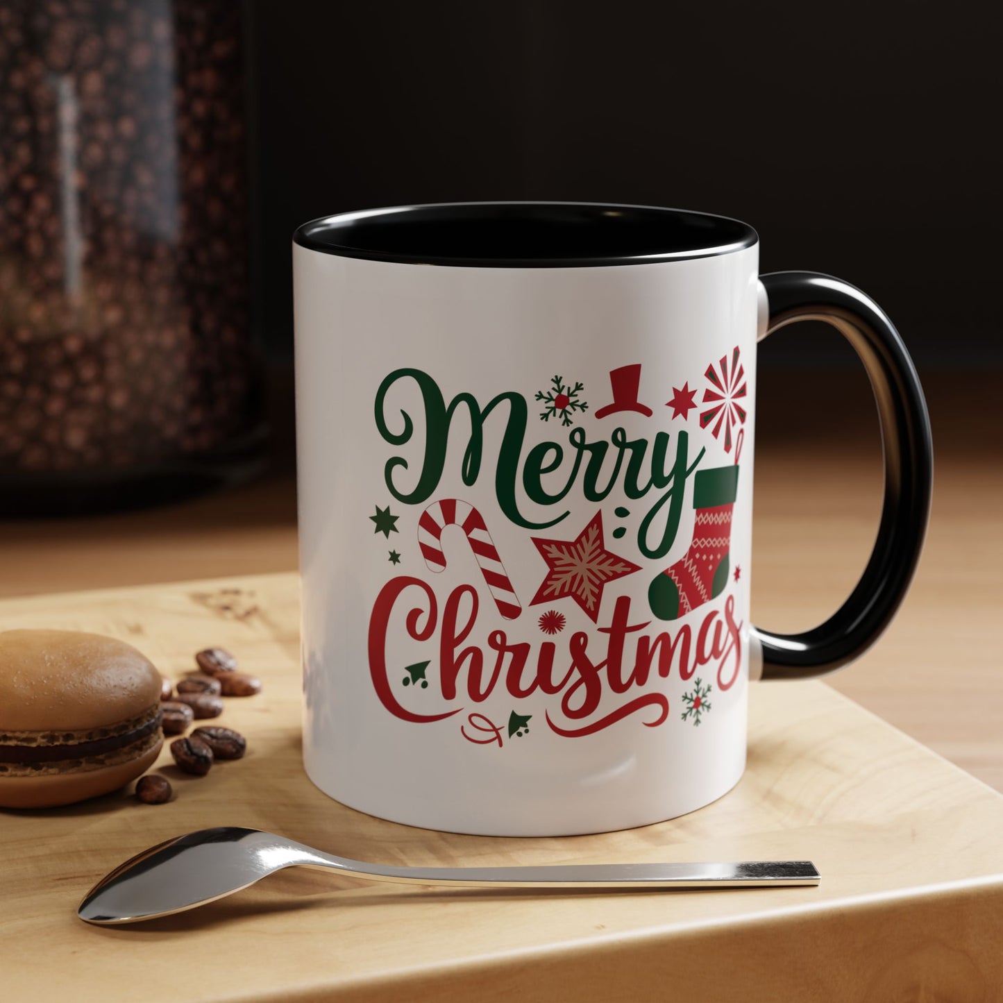 Christmas Mug - Merry Christmas Green & Red Text Star Candy Cane Stocking Snowflake