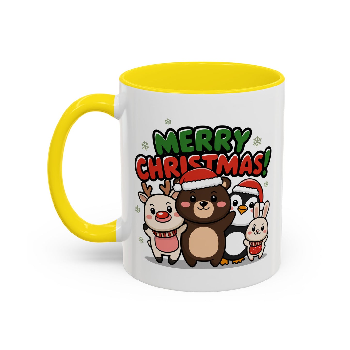 Christmas Mug - Merry Christmas Green & Red Text Cute Animals
