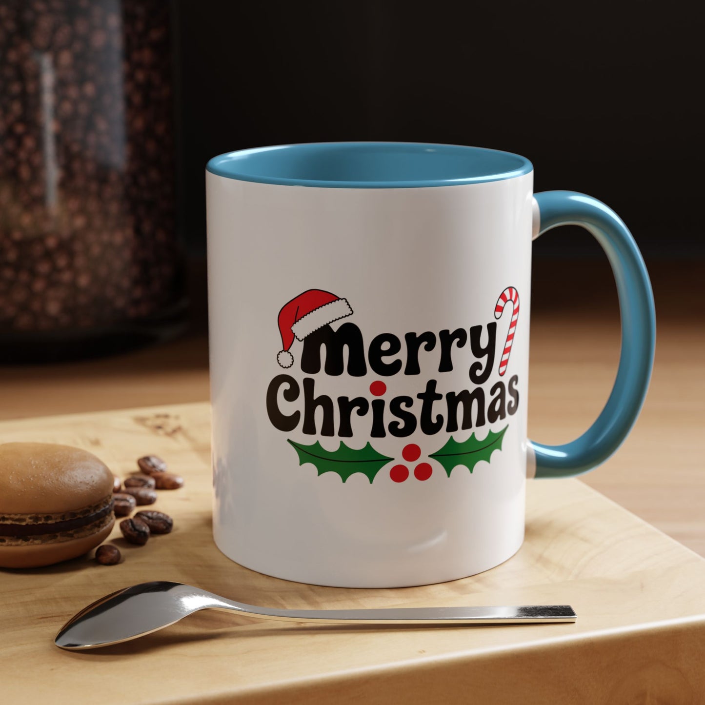 Christmas Mug - Merry Christmas Black Text Hat Cane Misletoe