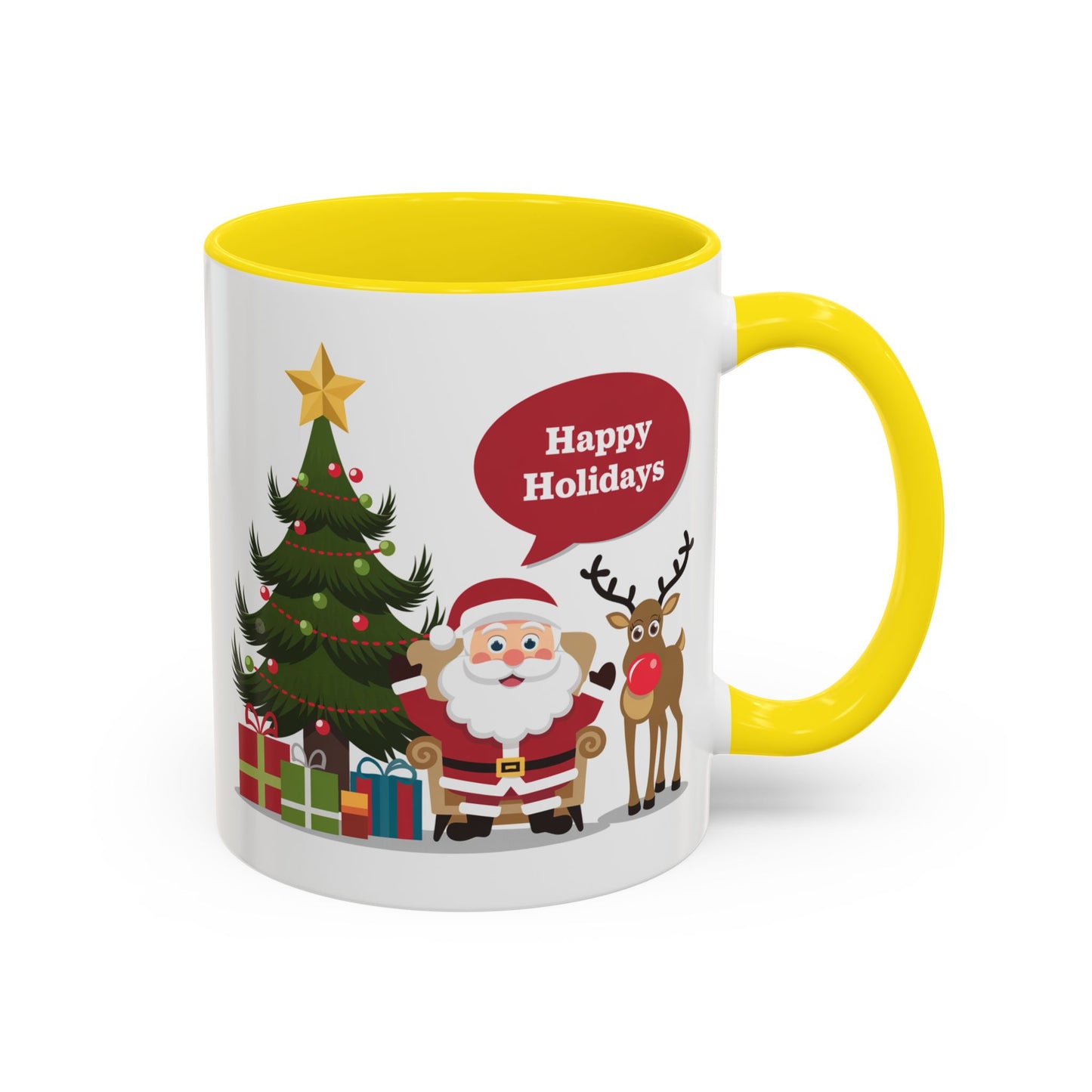 Christmas Mug - Happy Holidays Callout Santa Tree Presents Reindeer