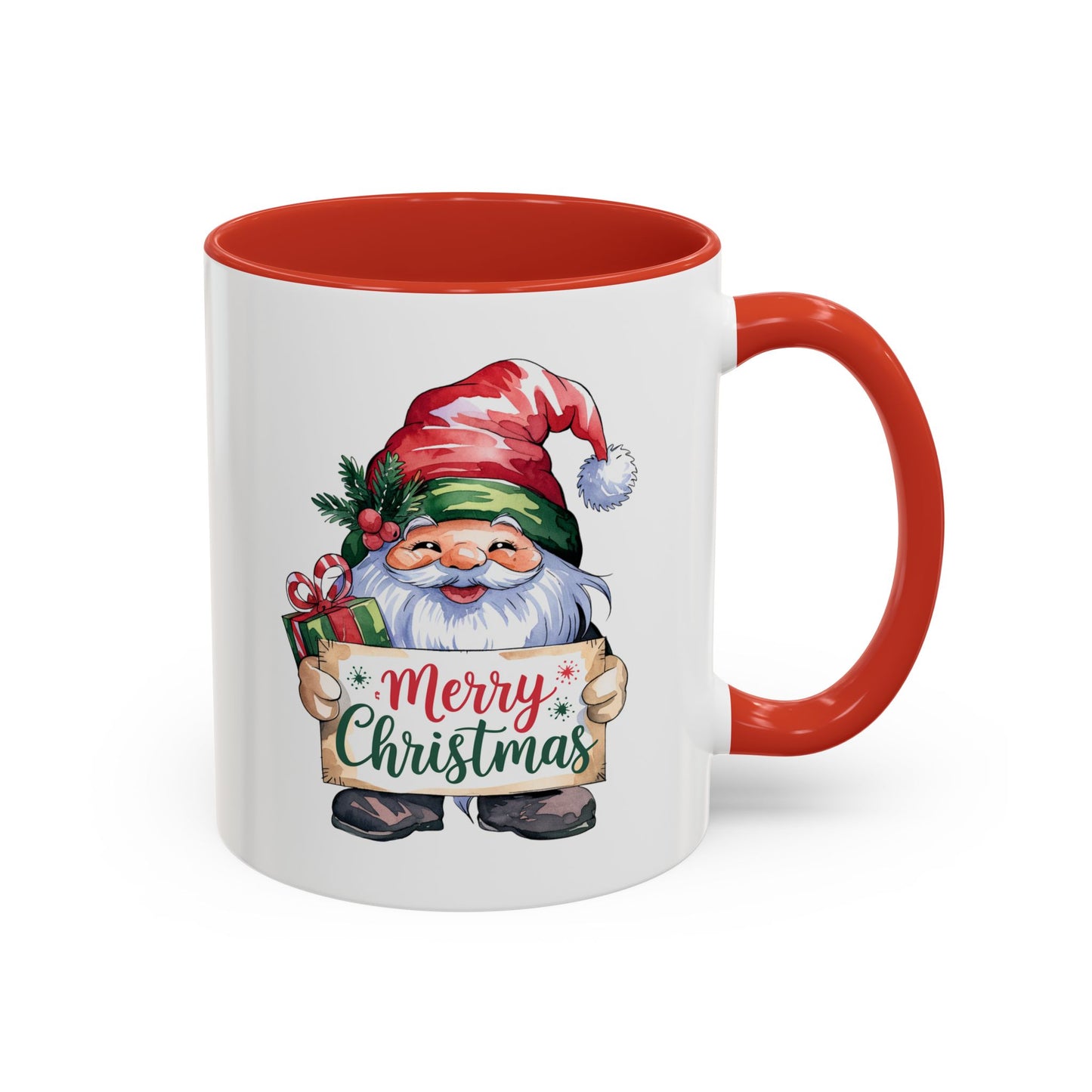 Christmas Mug - Merry Christmas Red & Green Text Gnome Present