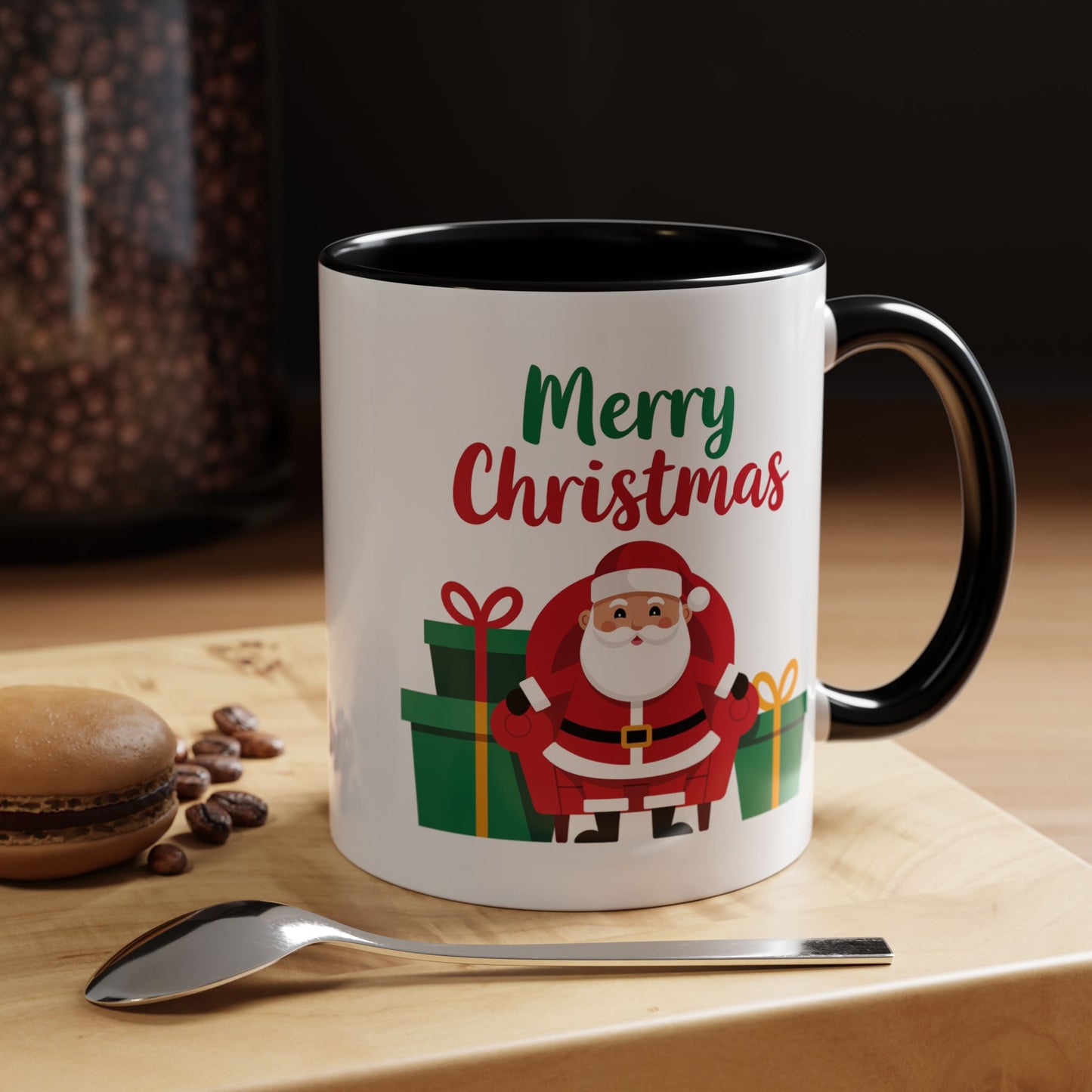 Christmas Mug - Merry Christmas Green & Red Text Santa Presents