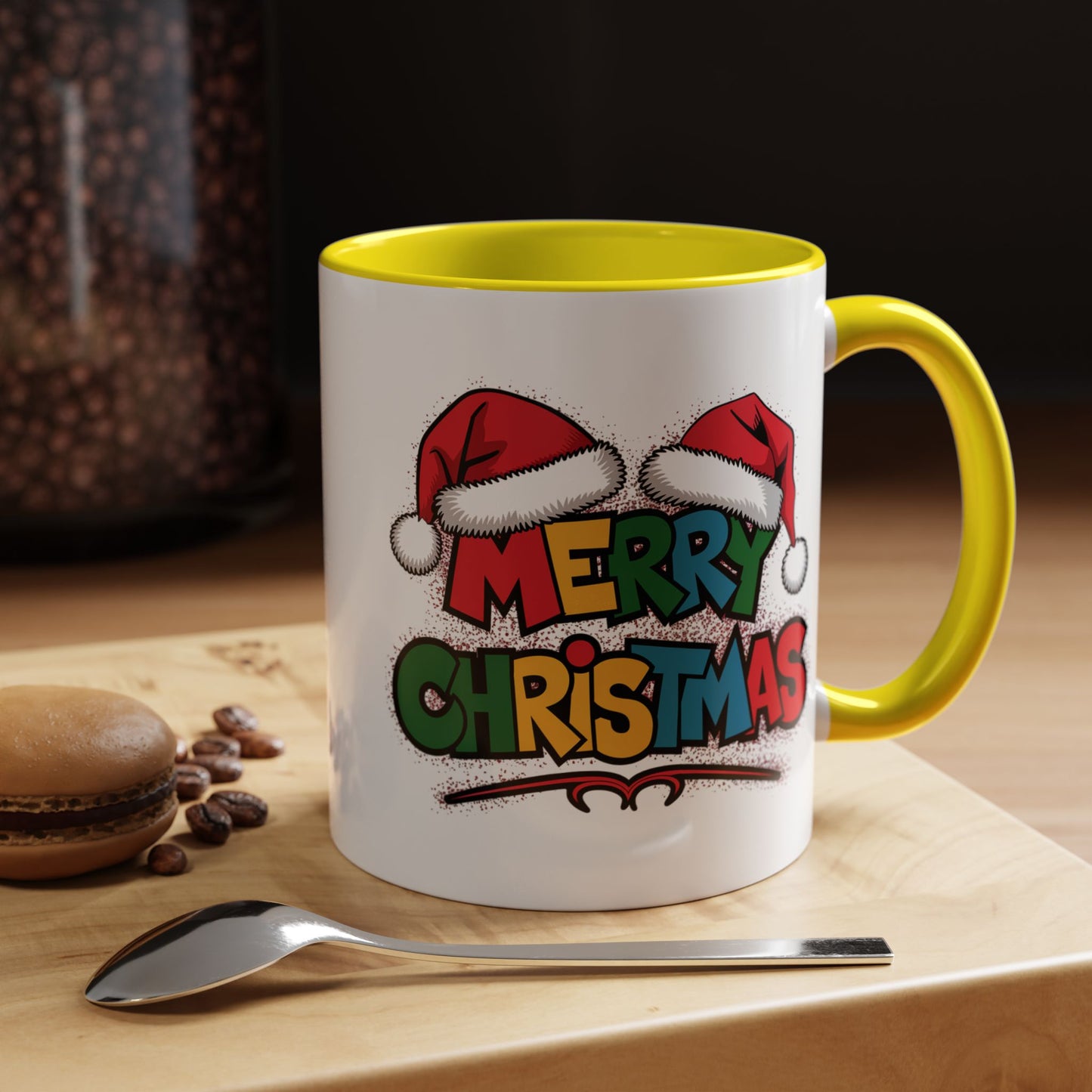 Christmas Mug - Merry Christmas Red Yellow & Blue Text Red Hats