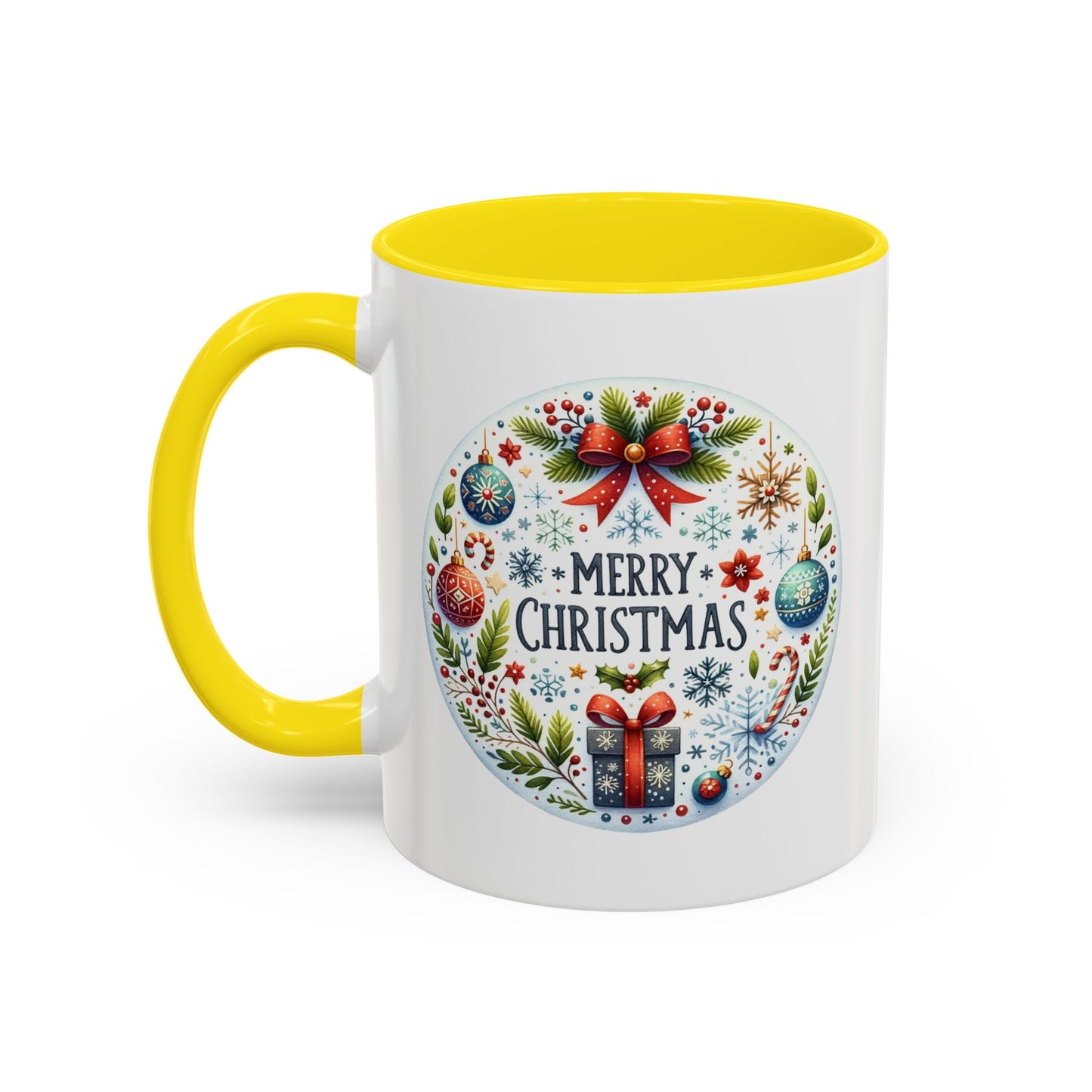 Christmas Mug - Merry Christmas Blue Text Bow Present Ornaments