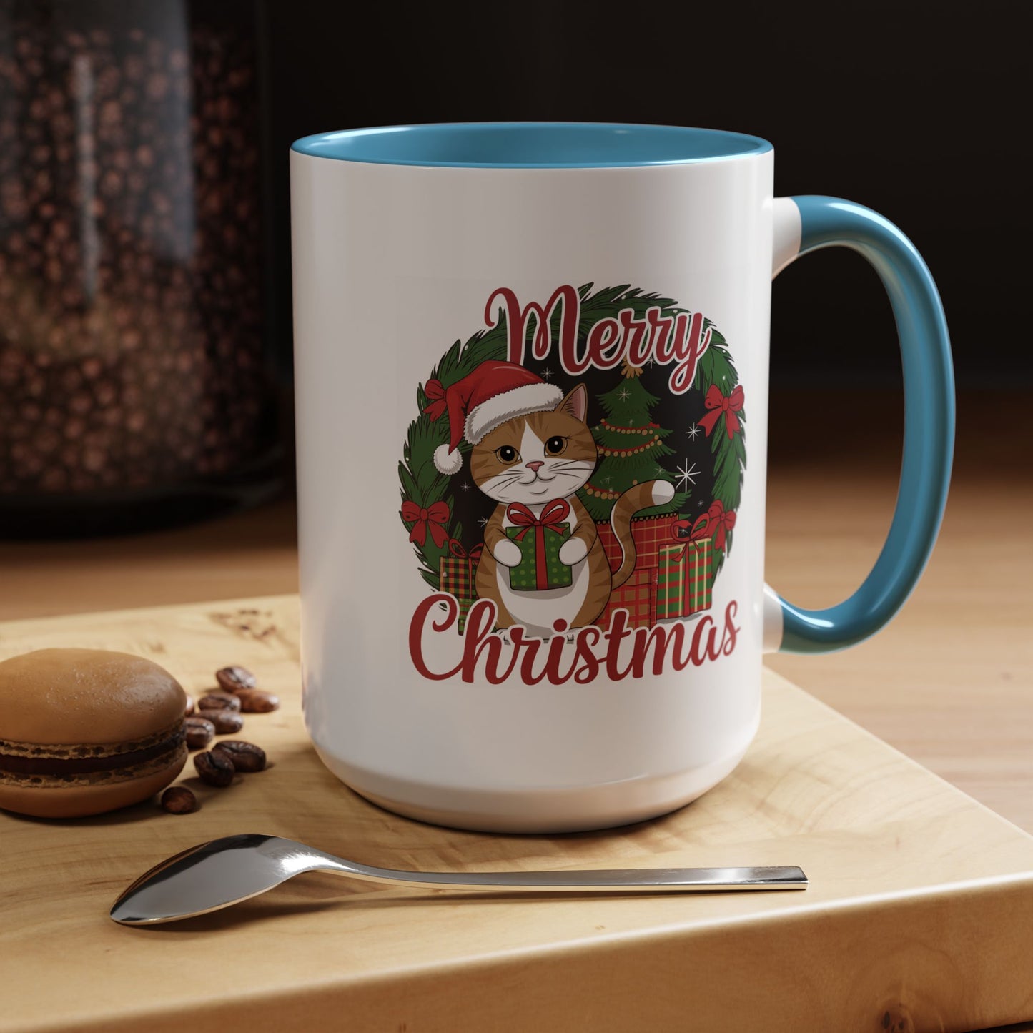 Christmas Mug - Merry Christmas Red Text Cat Presents Wreath