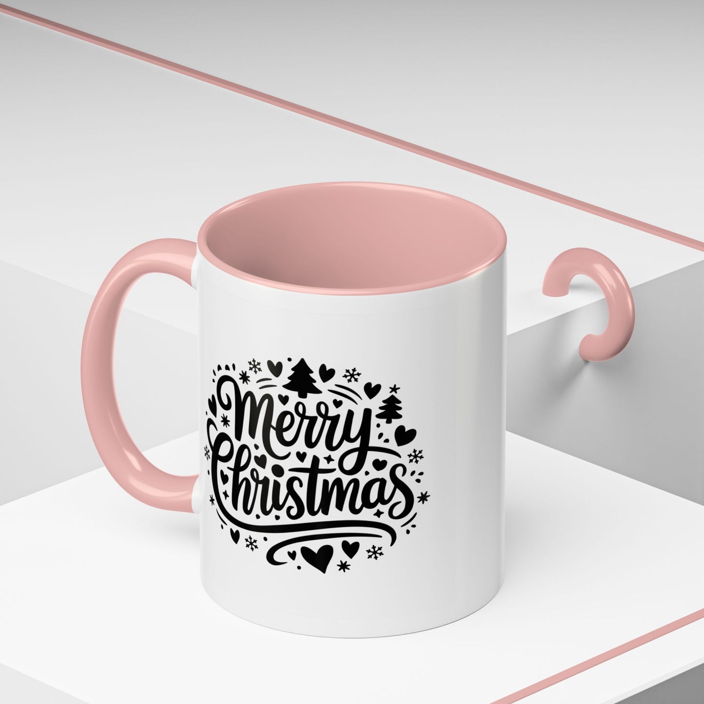 Christmas Mug - Merry Christmas Black Text Trees Snowflakes Hearts