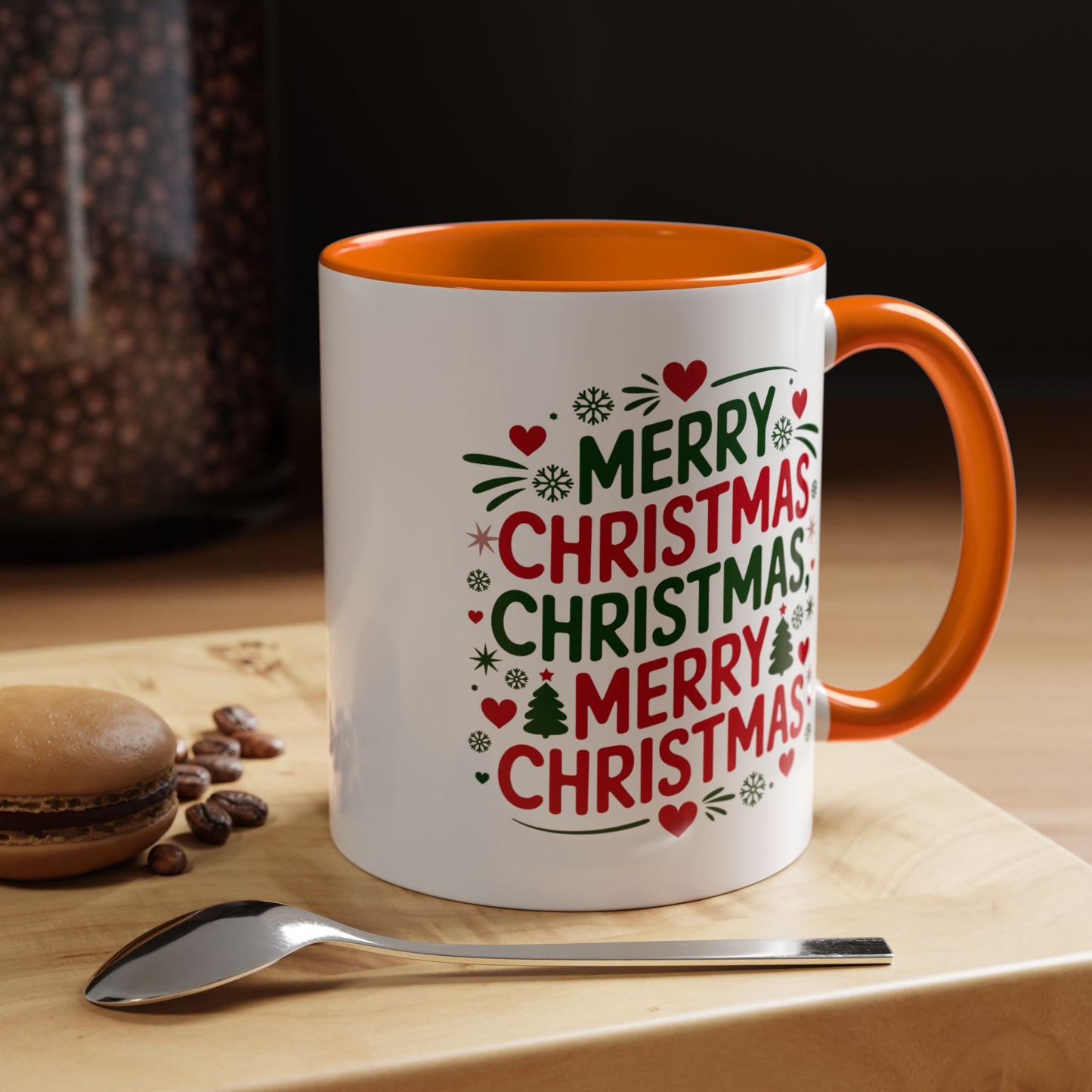 Christmas Mug - Merry Christmas Green & Red Text Trees Hearts Snowflakes Stars