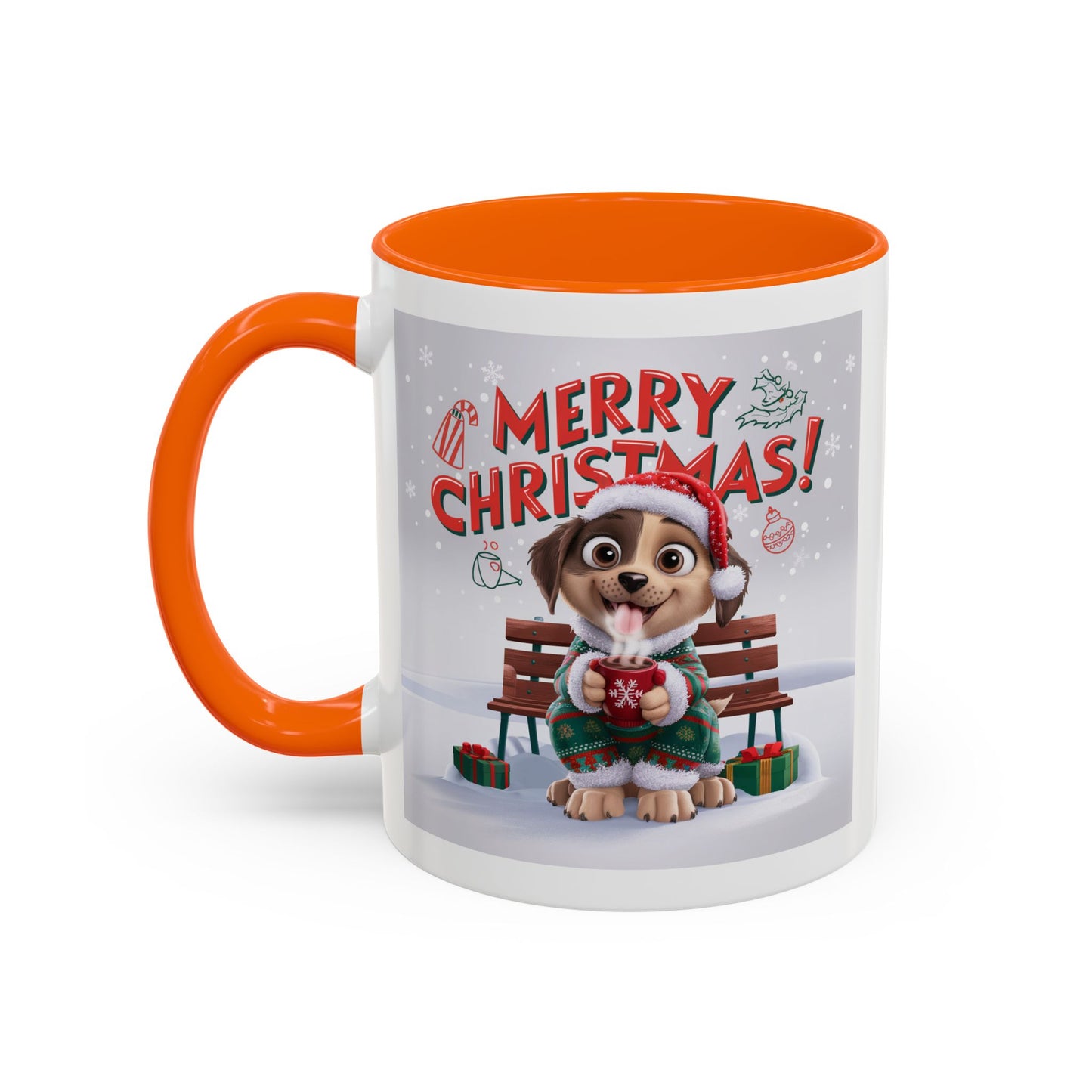 Christmas Mug - Merry Christmas Red Text Puppy Green Top