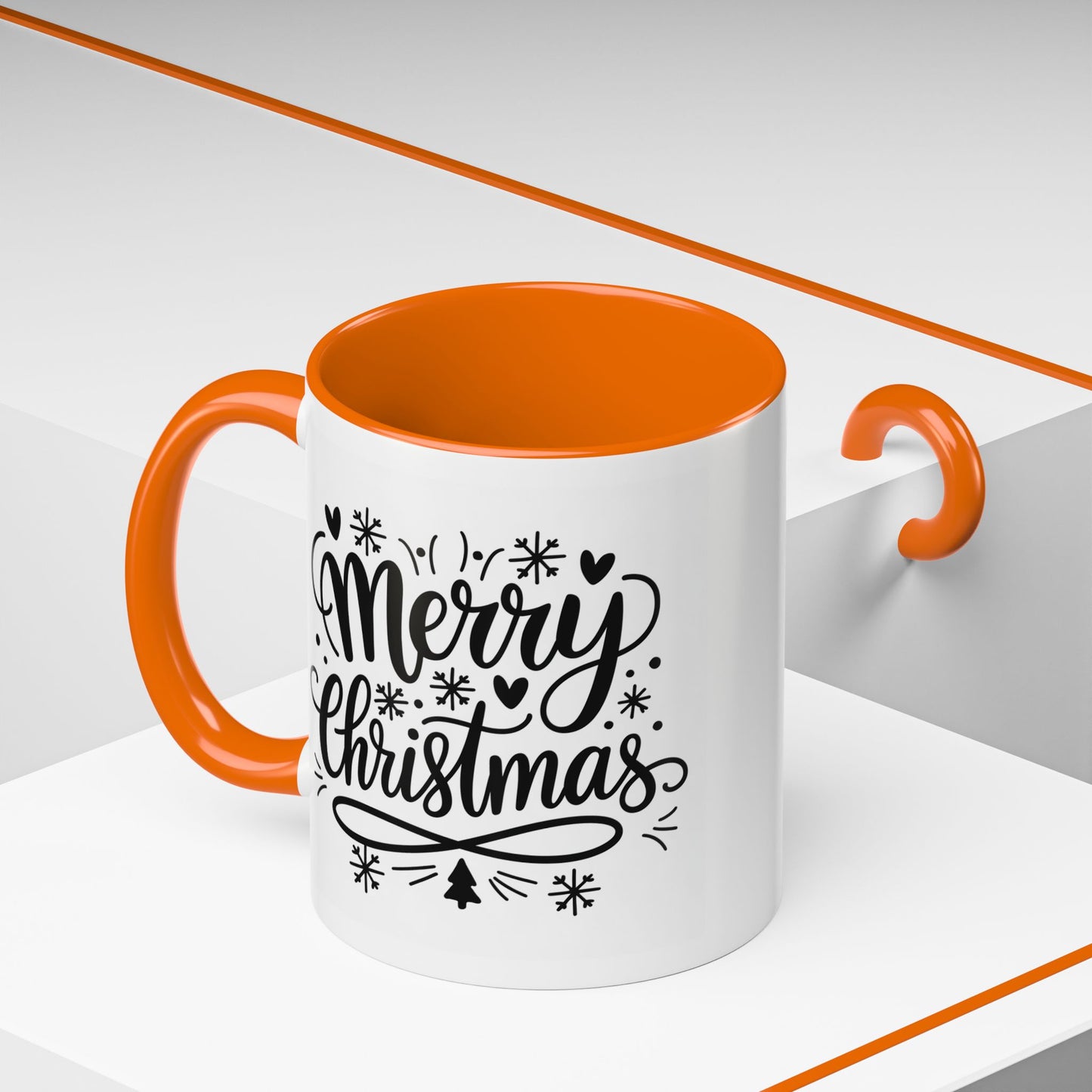 Christmas Mug - Merry Christmas Black Text Tree Snowflakes Hearts