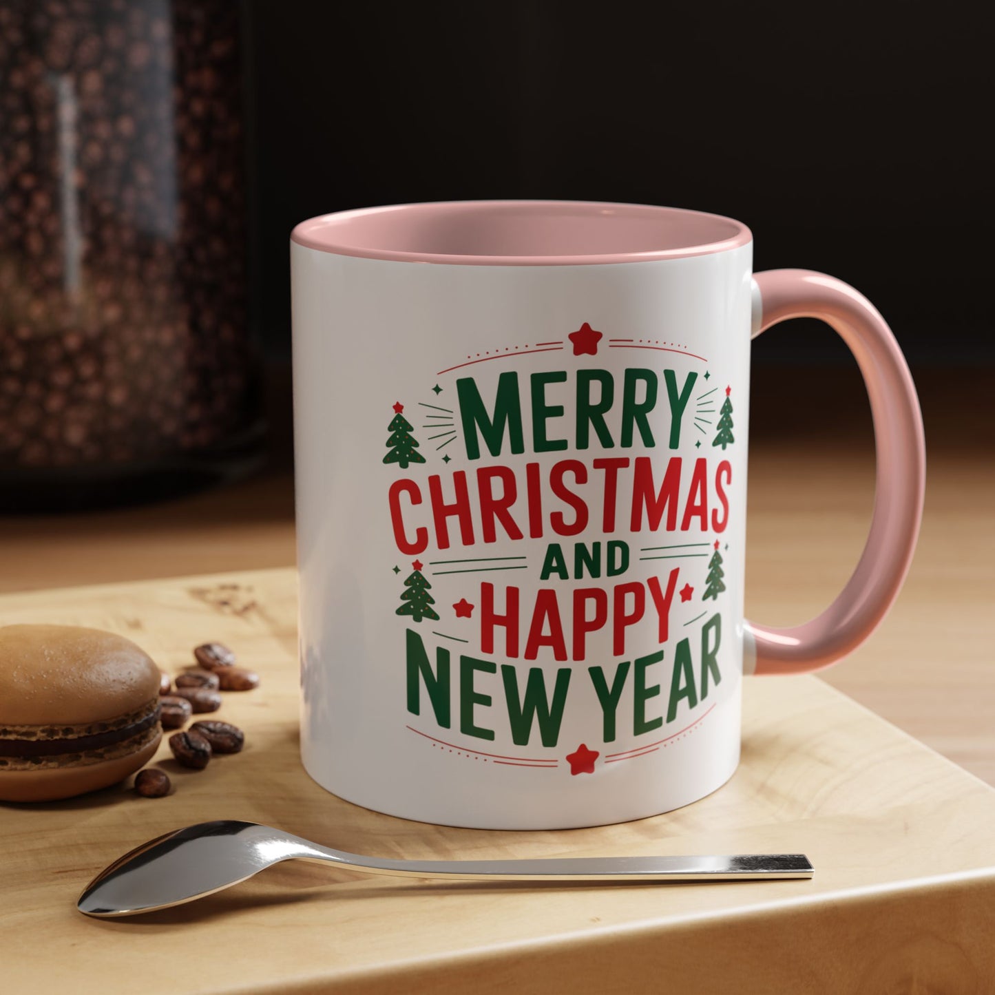 Christmas Mug - Merry Christmas and a Happy New Year Green & Red Text Trees Stars