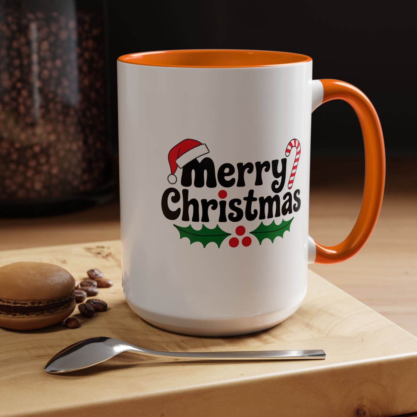 Christmas Mug - Merry Christmas Black Text Hat Candy Cane Mistletoe
