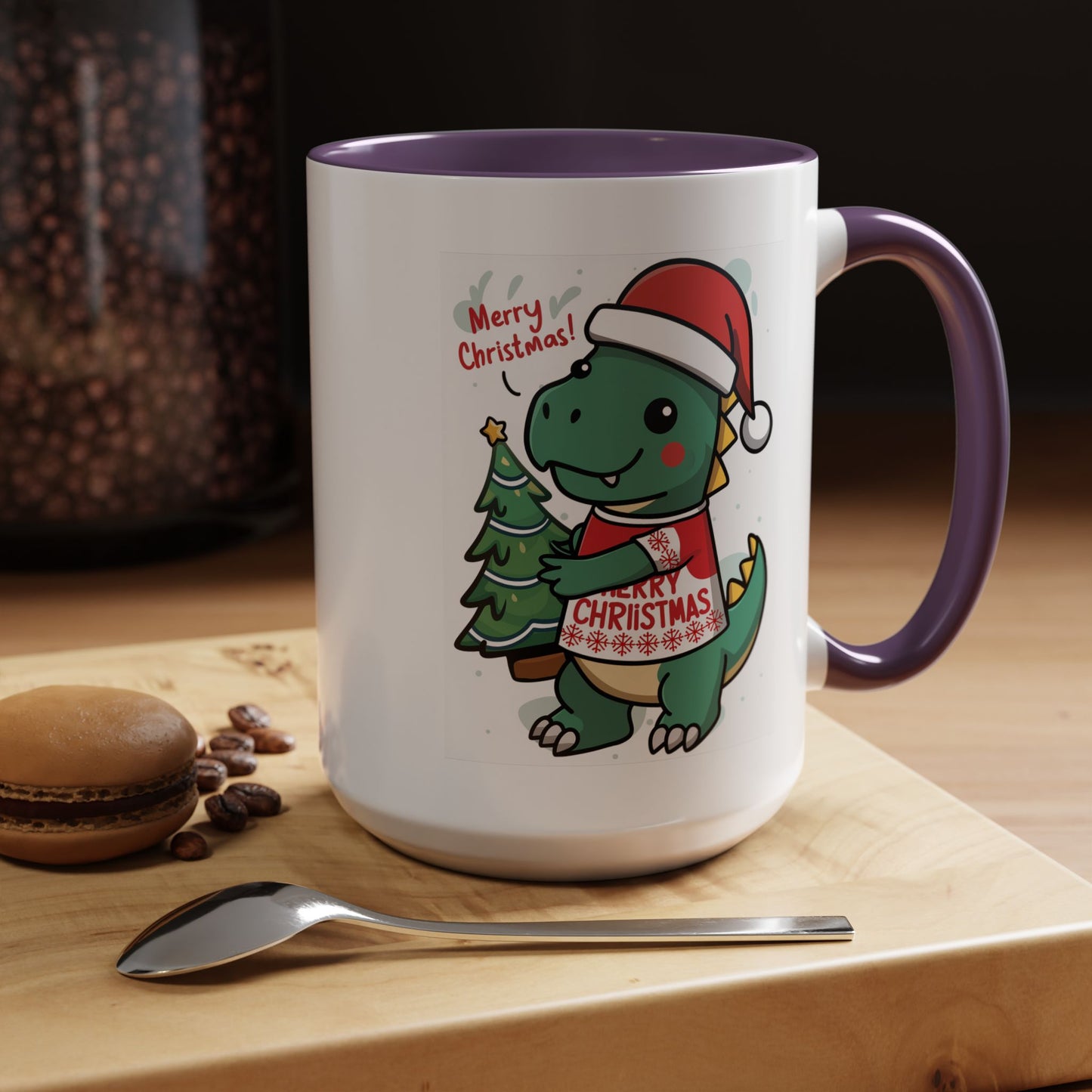 Christmas Mug - Merry Christmas Red Text Dinosaur Tree