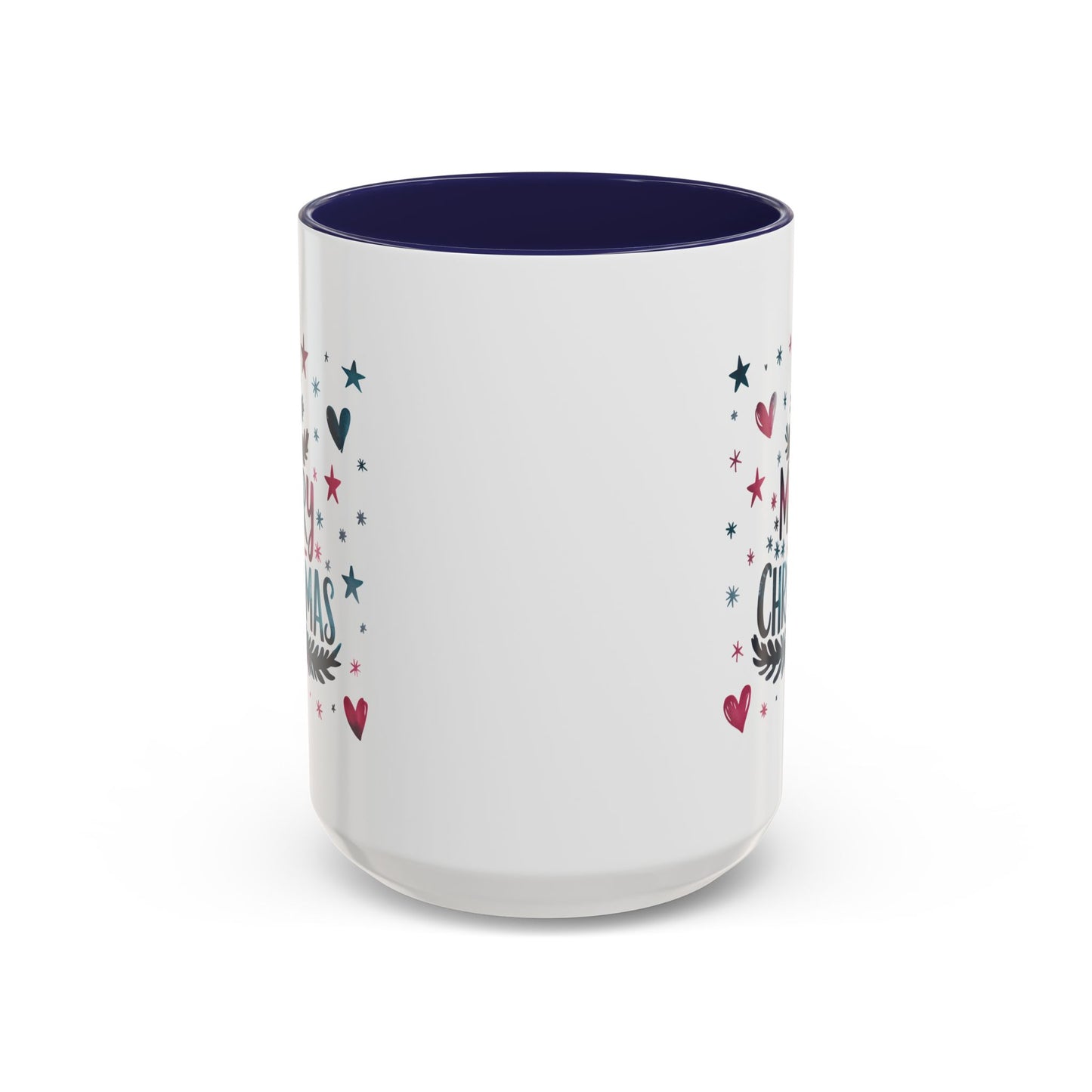 Christmas Mug - Merry Christmas Maroon & Blue Text Tree Hearts Stars