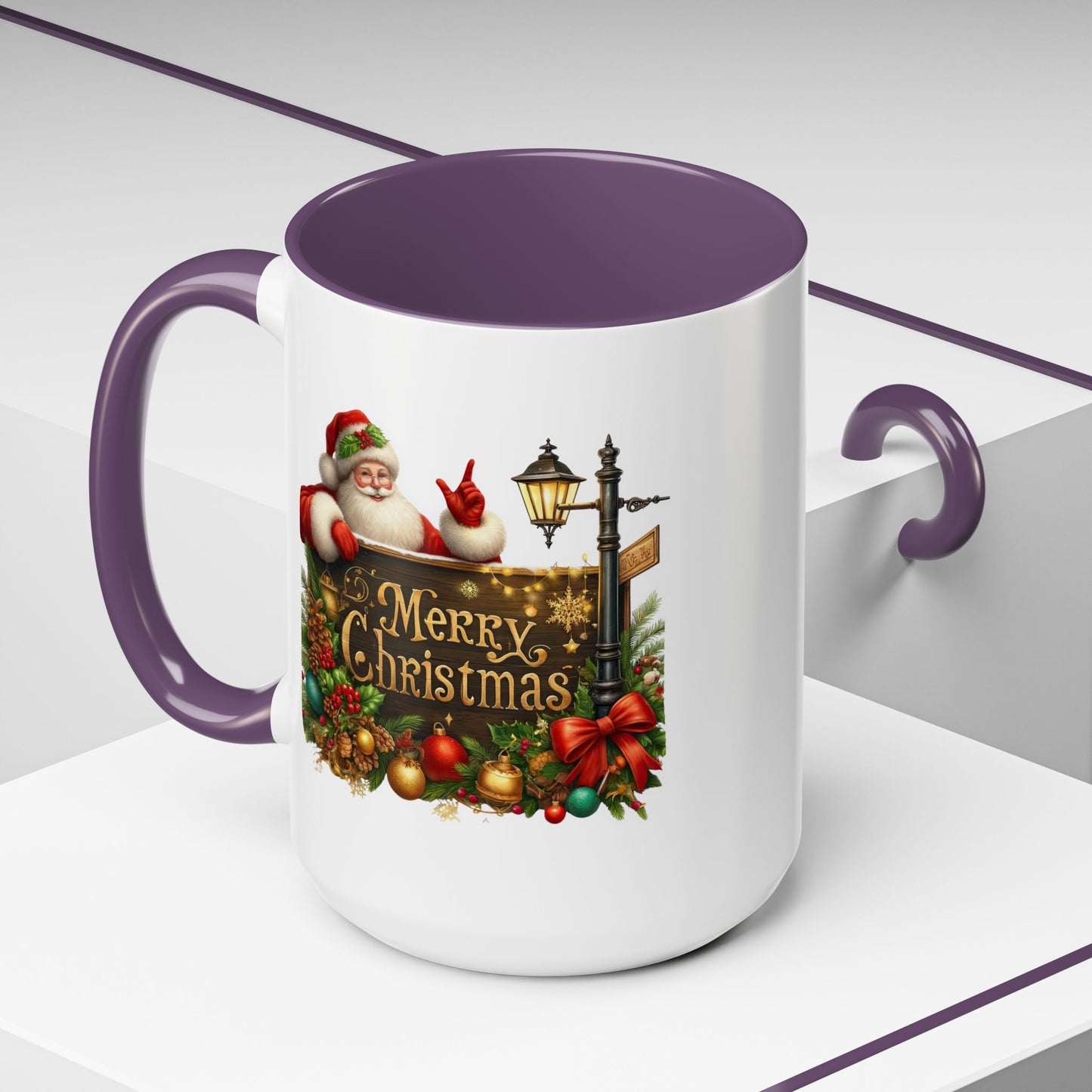 Christmas Mug - Merry Christmas Gold Text Santa Point Ornaments