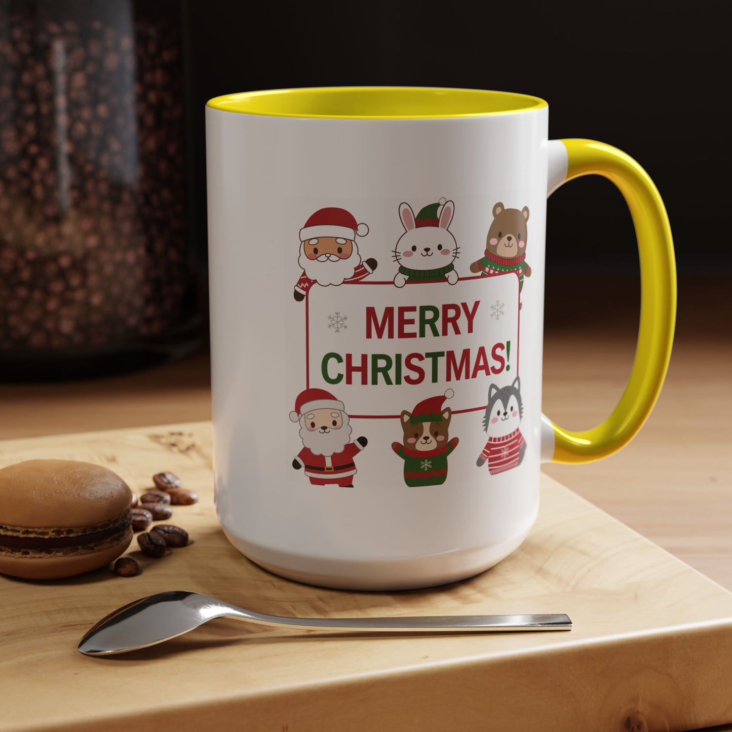 Christmas Mug - Merry Christmas Red & Green Text Santa Cute Animals