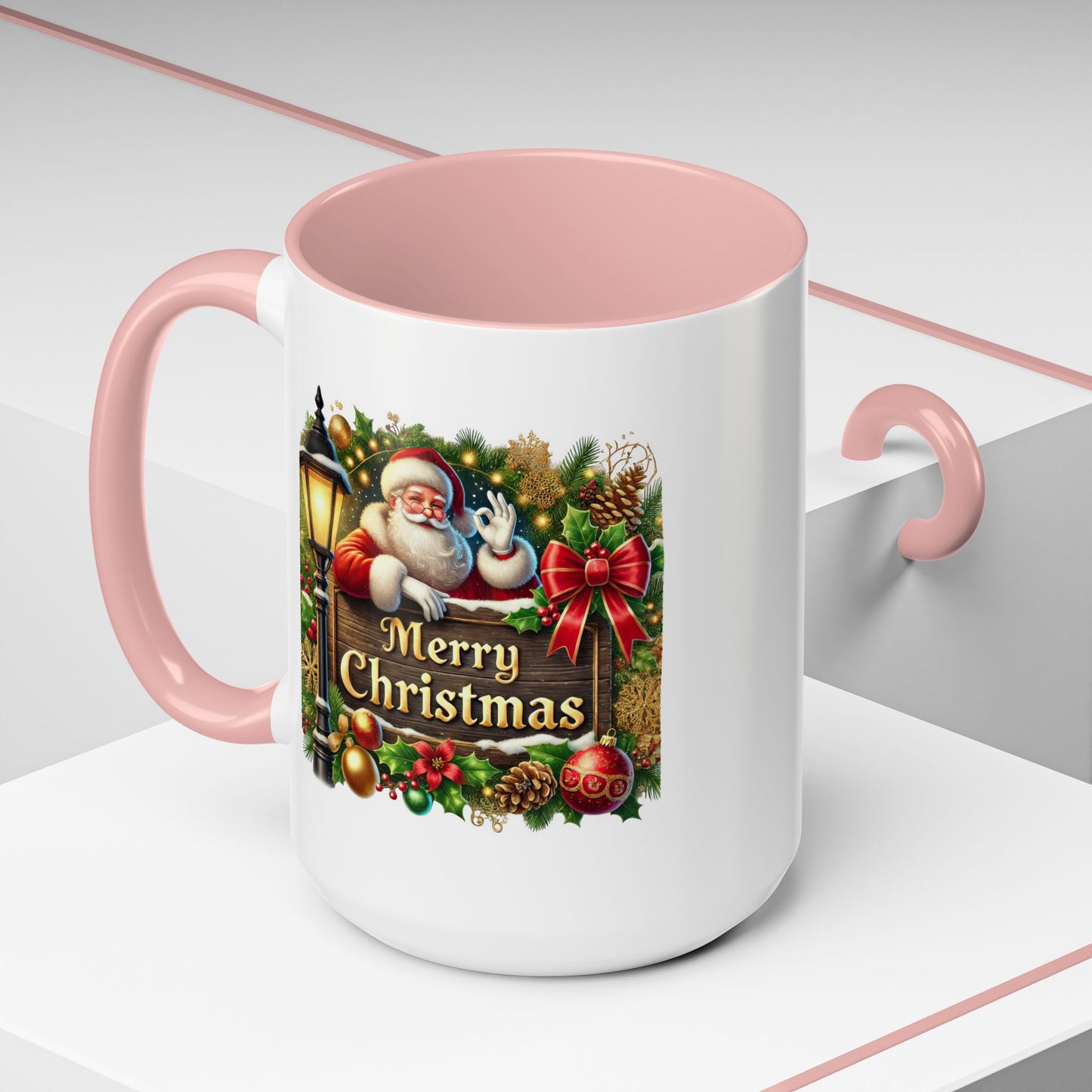 Christmas Mug - Merry Christmas Cream Text Santa Ok Light Bow Ornaments