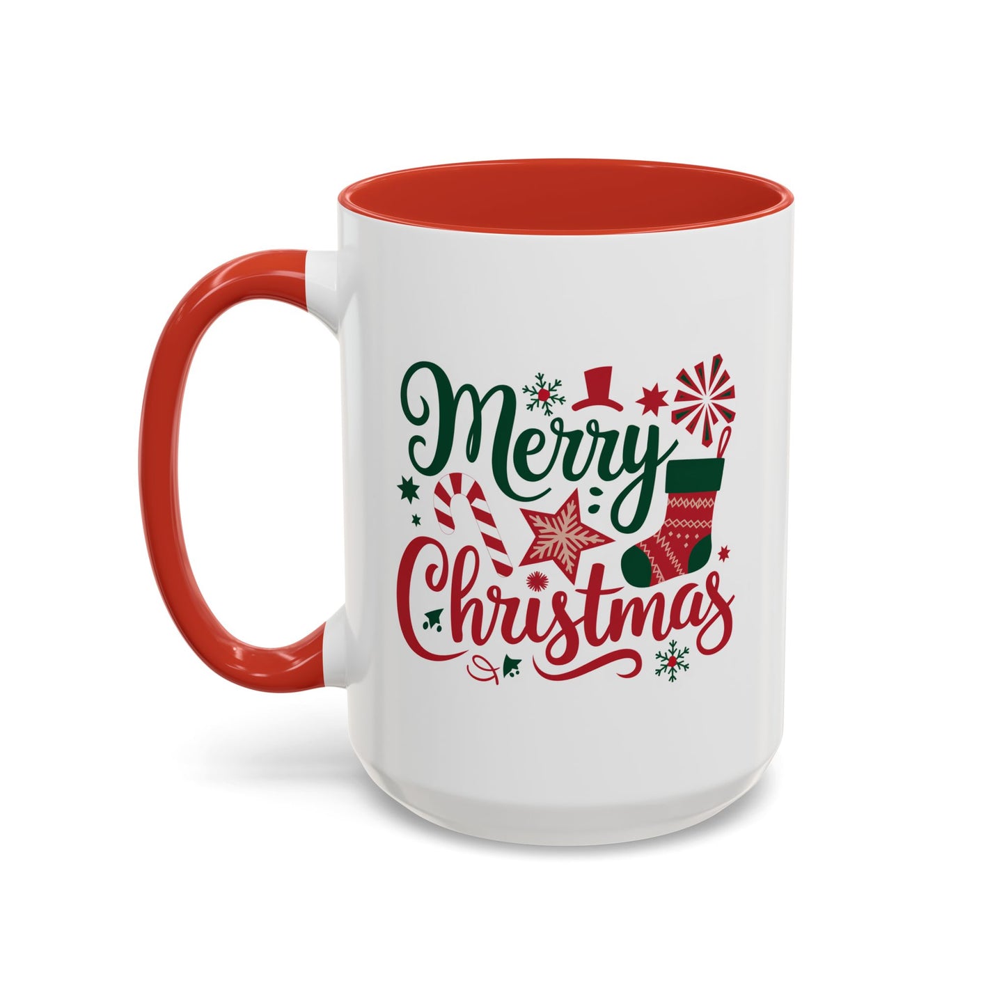 Christmas Mug - Merry Christmas Green & Red Text Star Candy Cane Stocking Snowflake