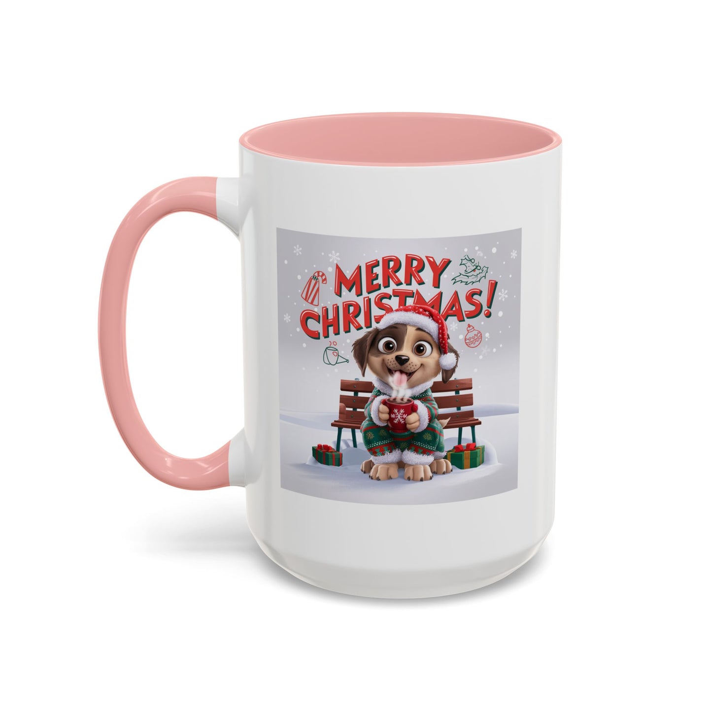 Christmas Mug - Merry Christmas Red Text Puppy Green Top