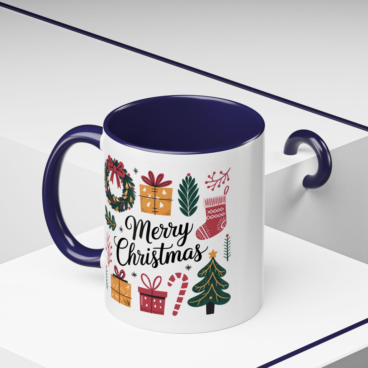 Christmas Mug - Merry Christmas Green Text Presents Tree Candy Cane