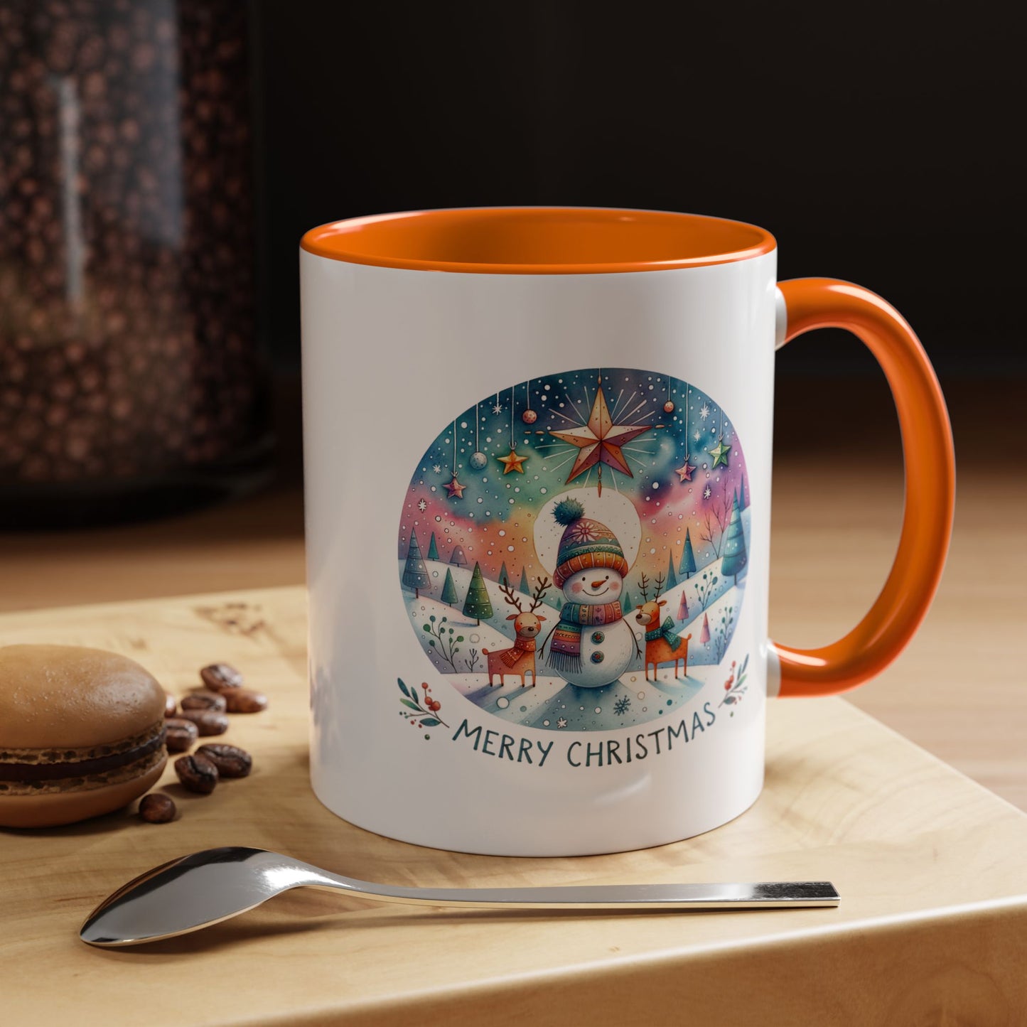 Christmas Mug - Merry Christmas Blue Text Snowman Star Reindeer