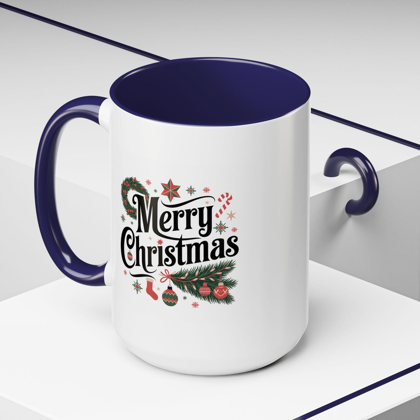 Christmas Mug - Merry Christmas Black Text Star Stocking Ornament Candy Cane