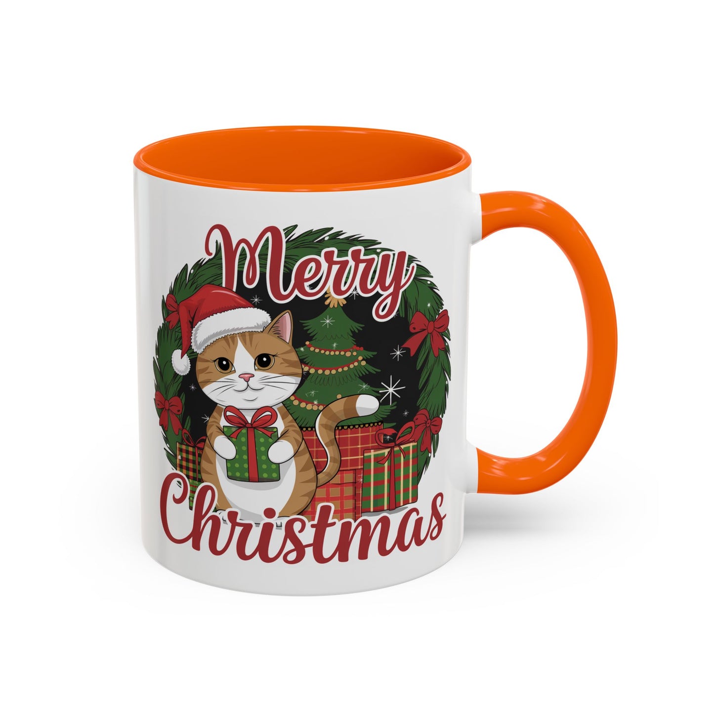 Christmas Mug - Merry Christmas Red Text Cat Presents Wreath