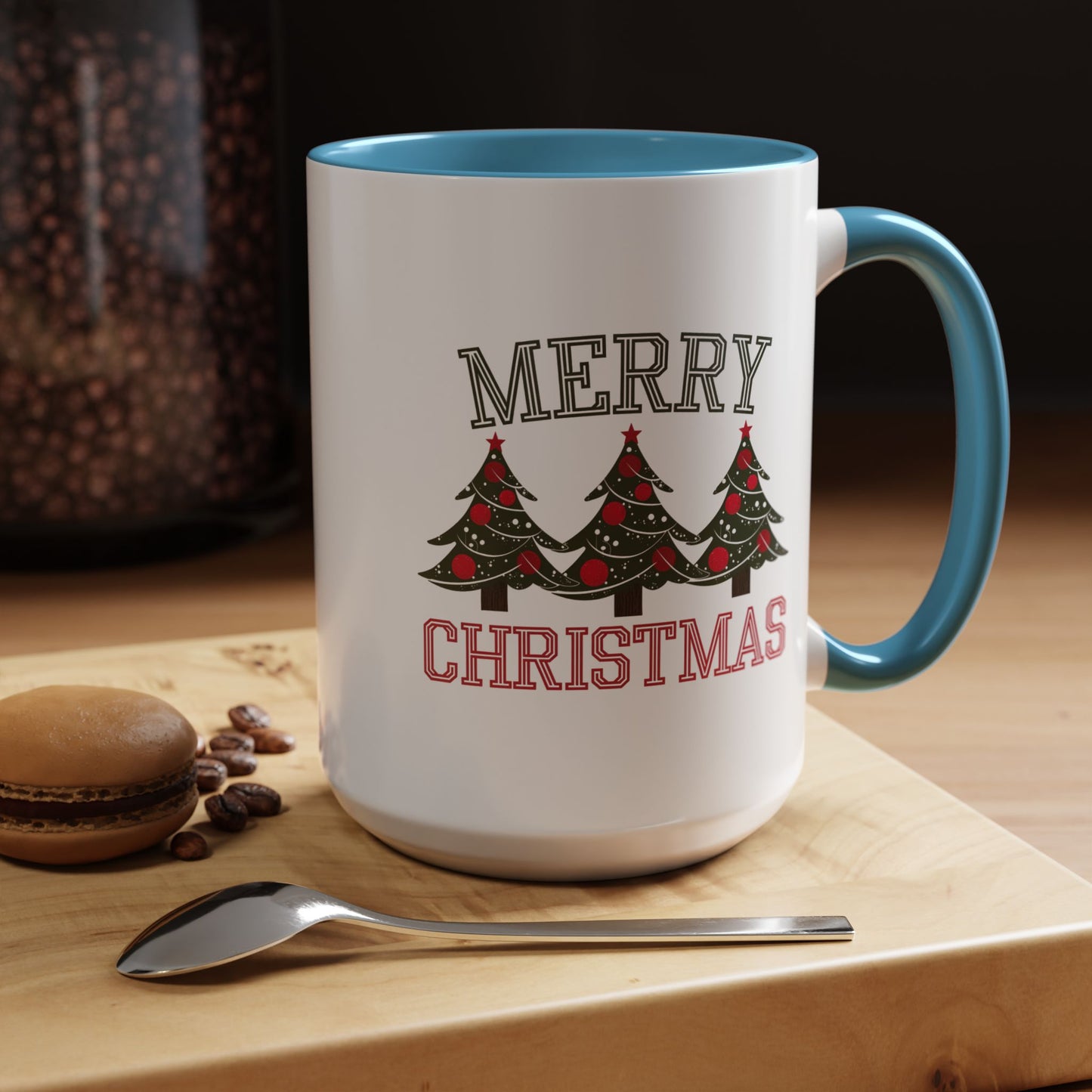 Christmas Mug - Merry Christmas Green & Red Text Decorative Trees