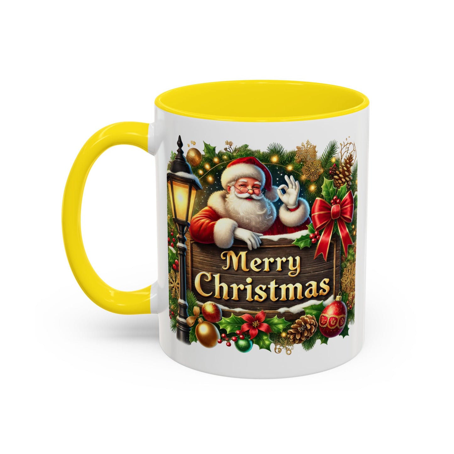 Christmas Mug - Merry Christmas Cream Text Santa Ok Light Bow Ornaments