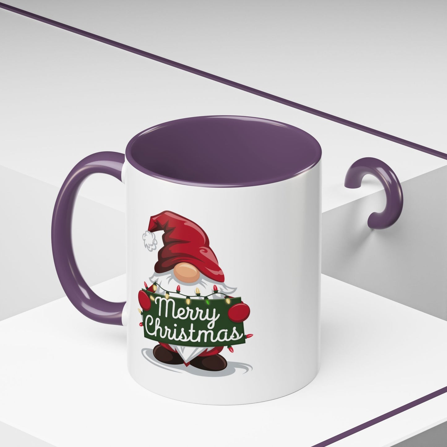 Christmas Mug - Merry Christmas White & Green Text Gnome Lights