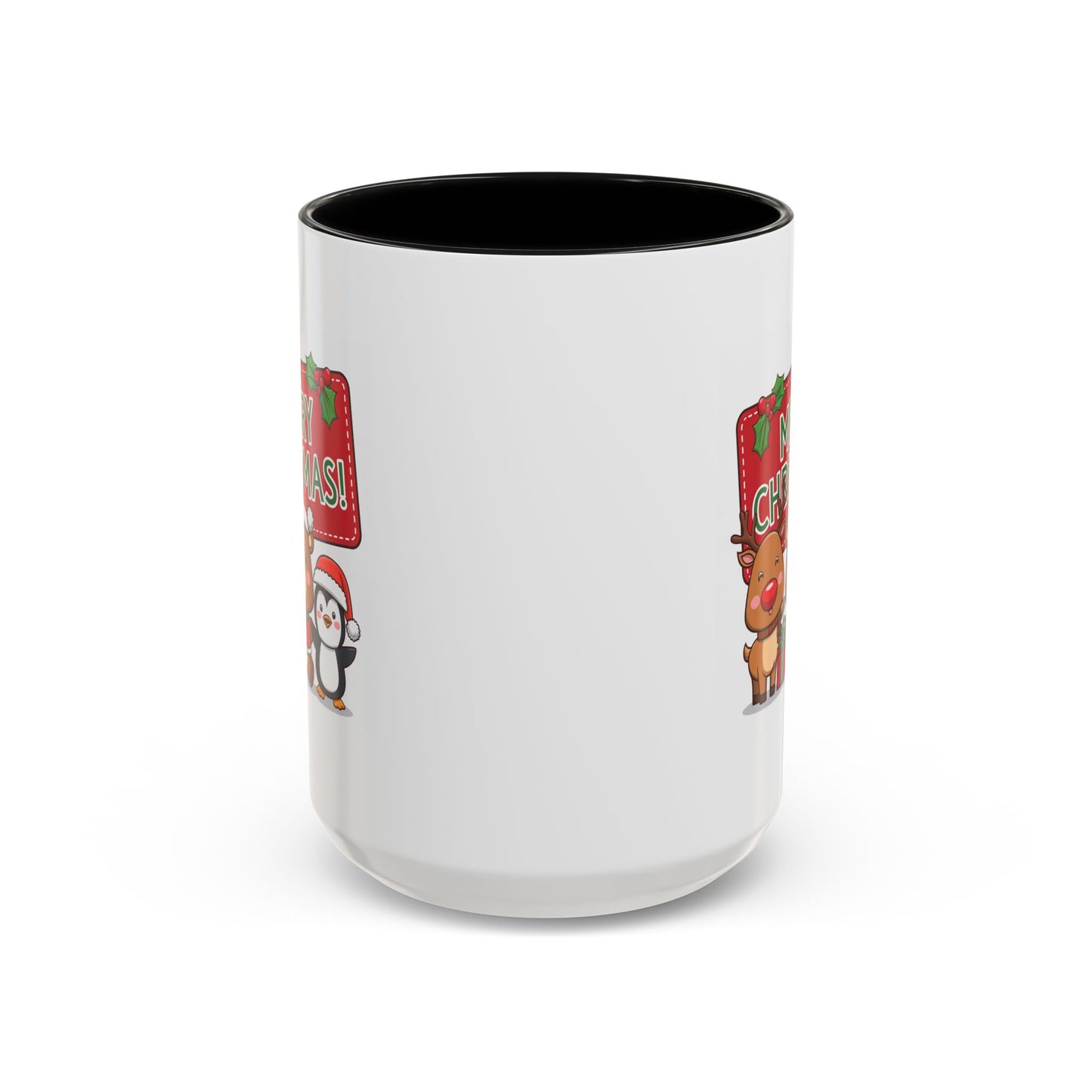 Christmas Mug - Green Text Red Banner Reindeer Bear Penguin