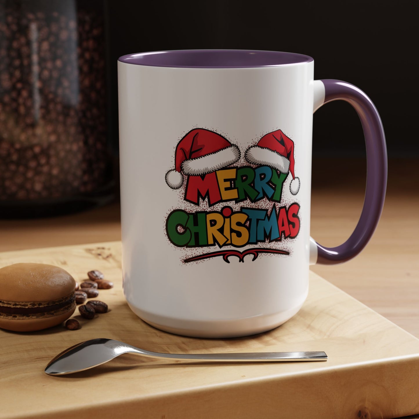 Christmas Mug - Merry Christmas Red Yellow & Blue Text Red Hats