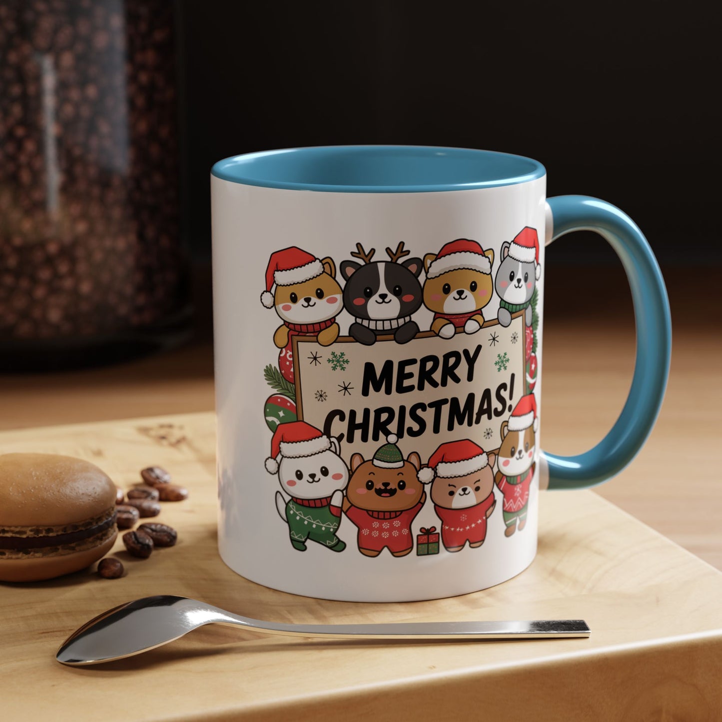 Christmas Mug - Merry Christmas Black Text Cute Animals
